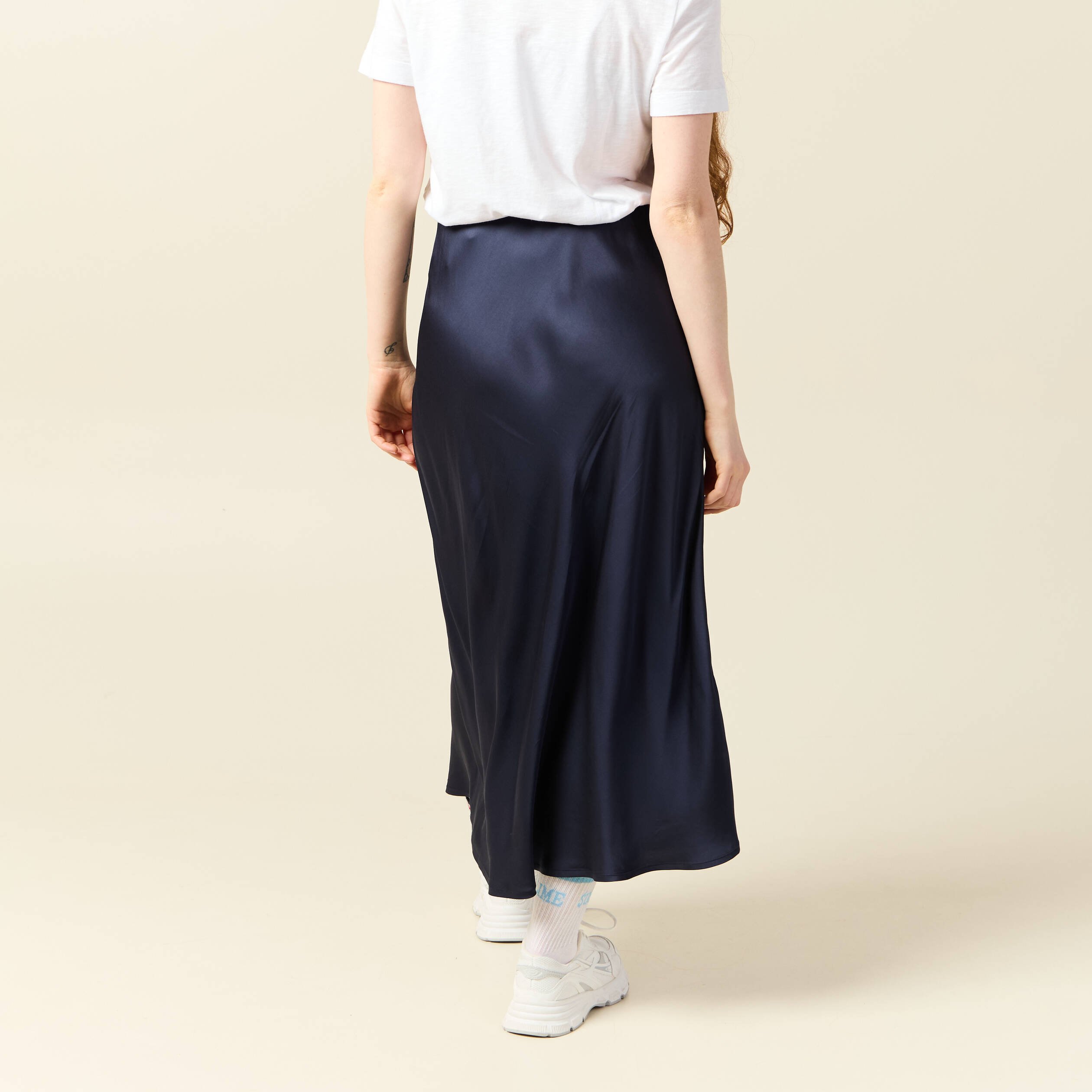 Jupe longue droite satin bleu marine femme