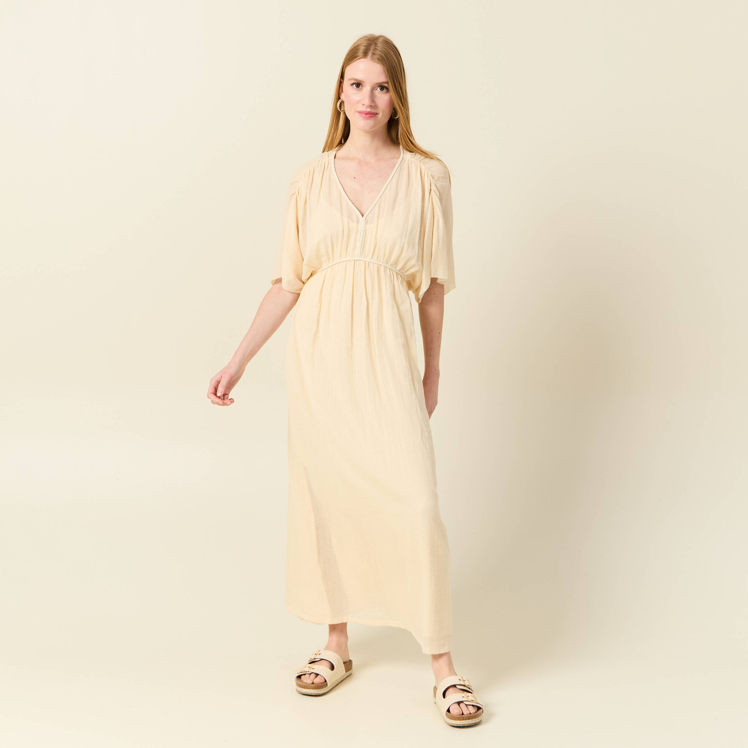 robe longue empire col en v creme femme Robe longue empire col en V creme femme