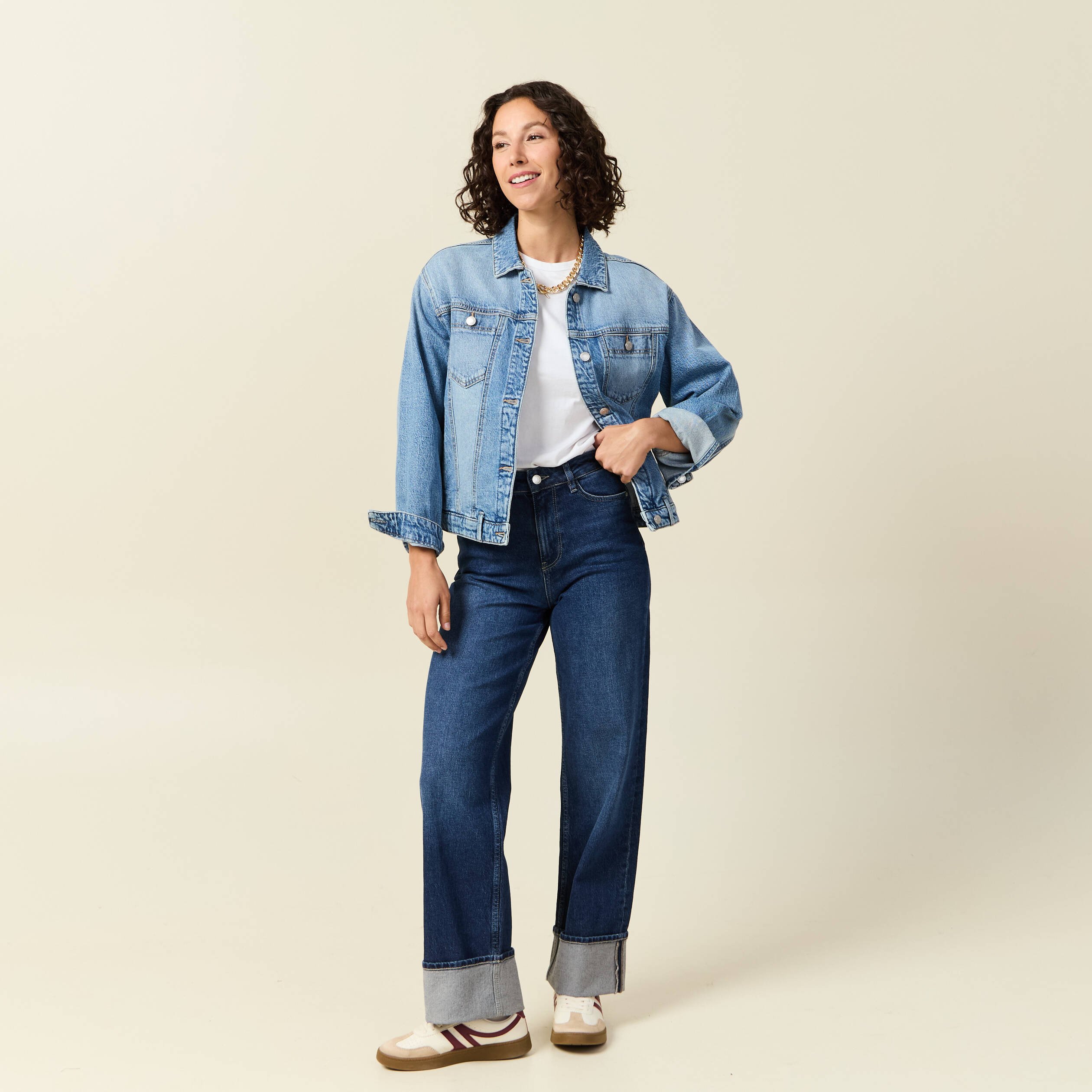 Jeans straight taille haute denim brut femme