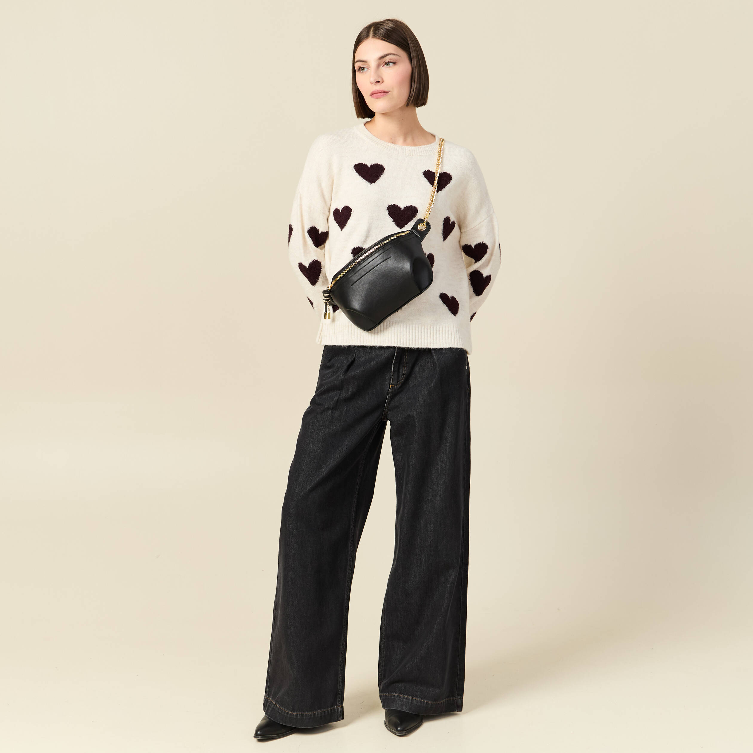 Pull manches longues bouclette col rond prune femme