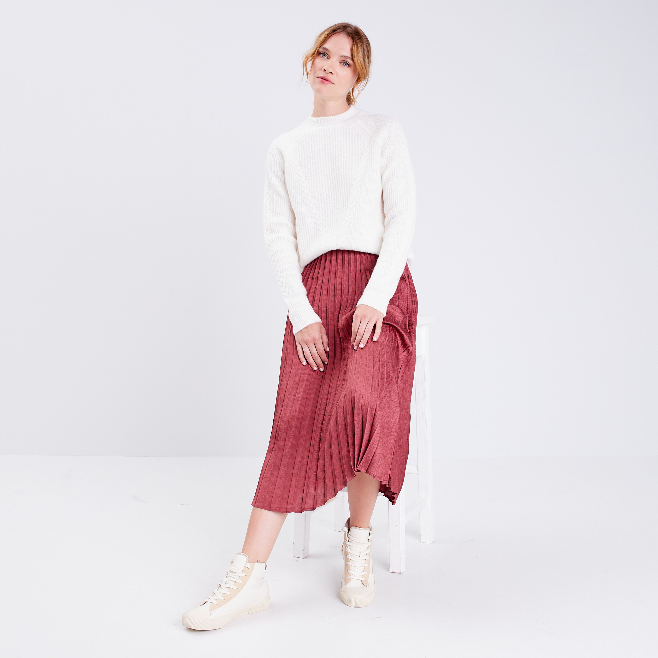 Jupe midi droite plissée vieux rose femme