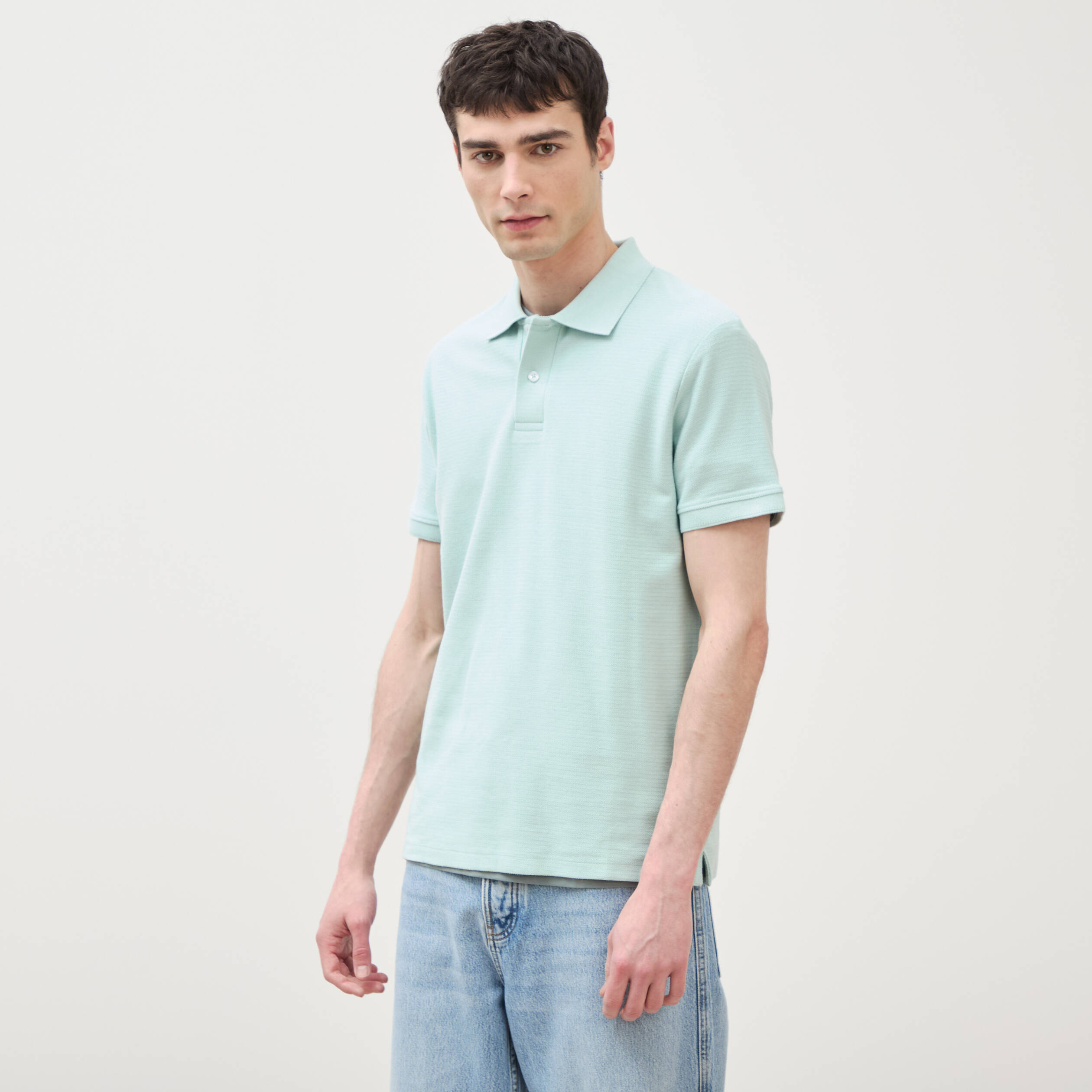 Polo cintr&eacute; manches courtes bleu gris homme