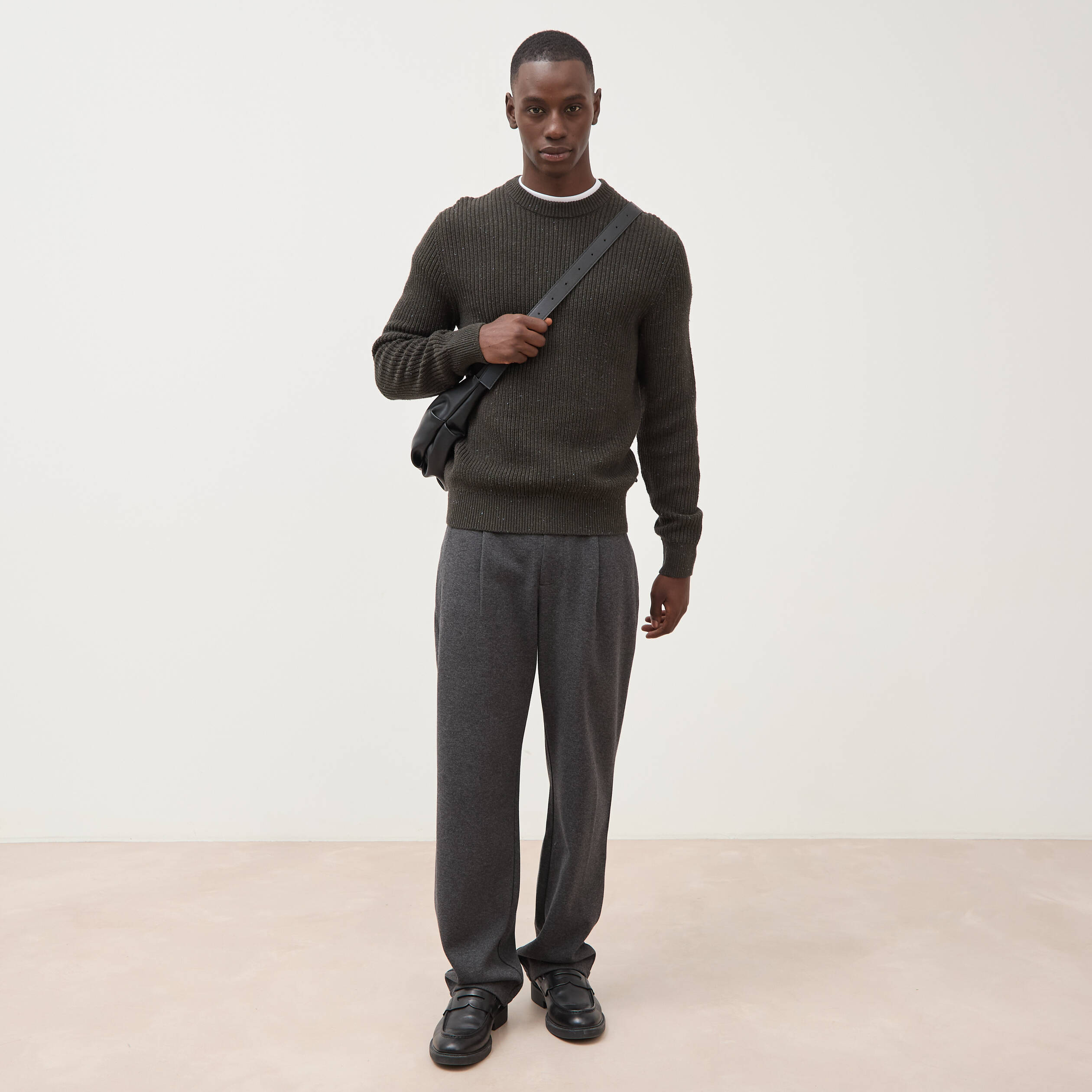 Pull col rond manches longues en coton vert kaki homme