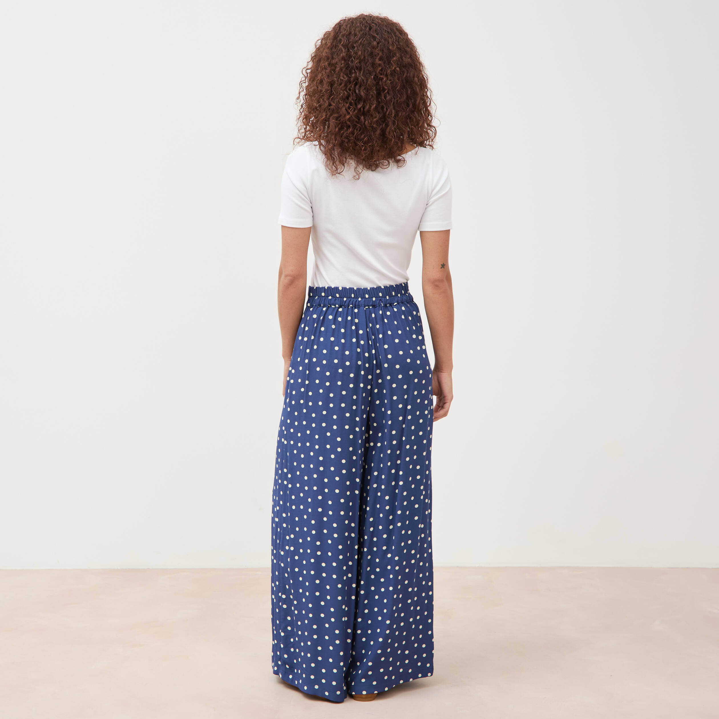 Pantalon large taille haute bleu marine femme