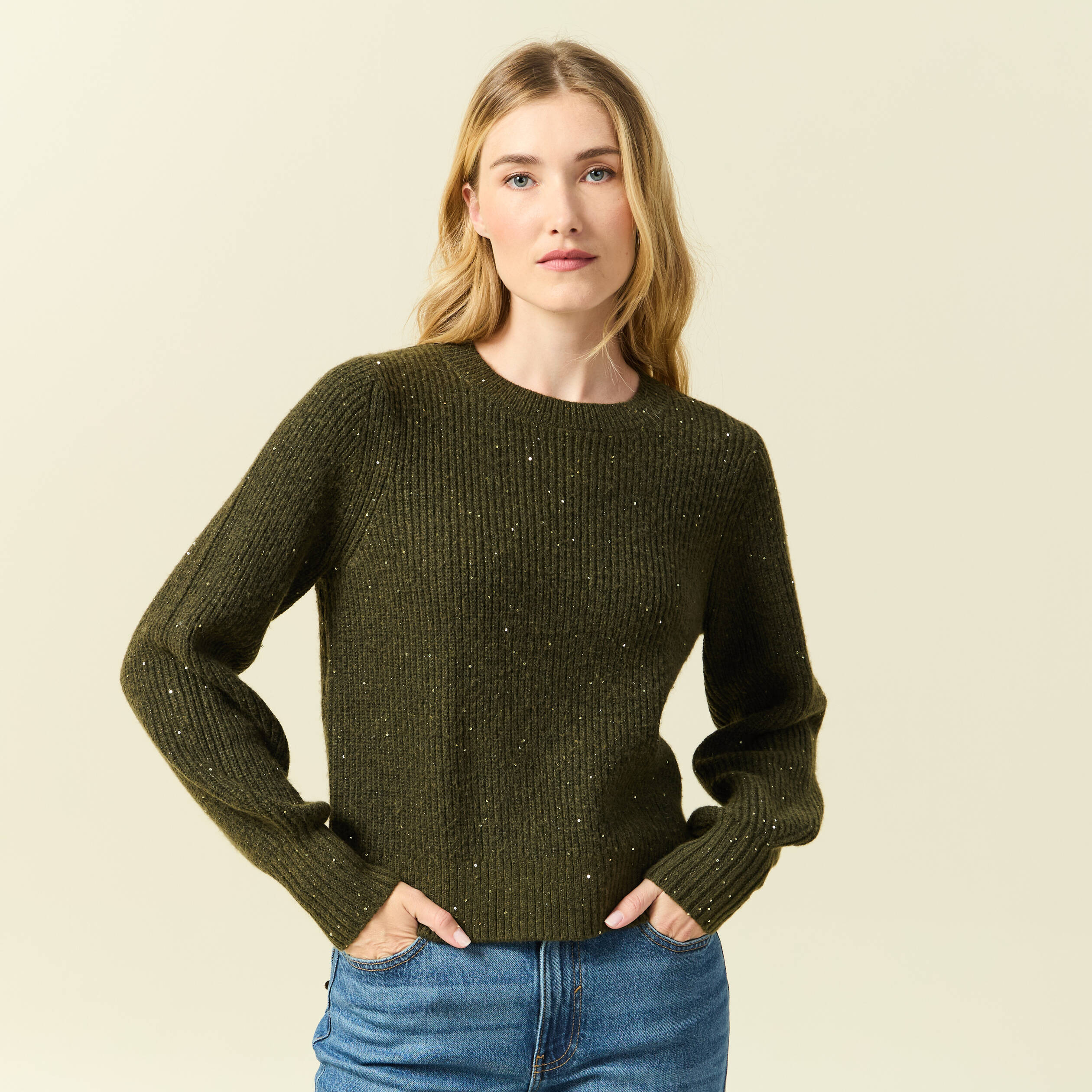 Pull manches longues col rond &agrave; sequins vert kaki femme