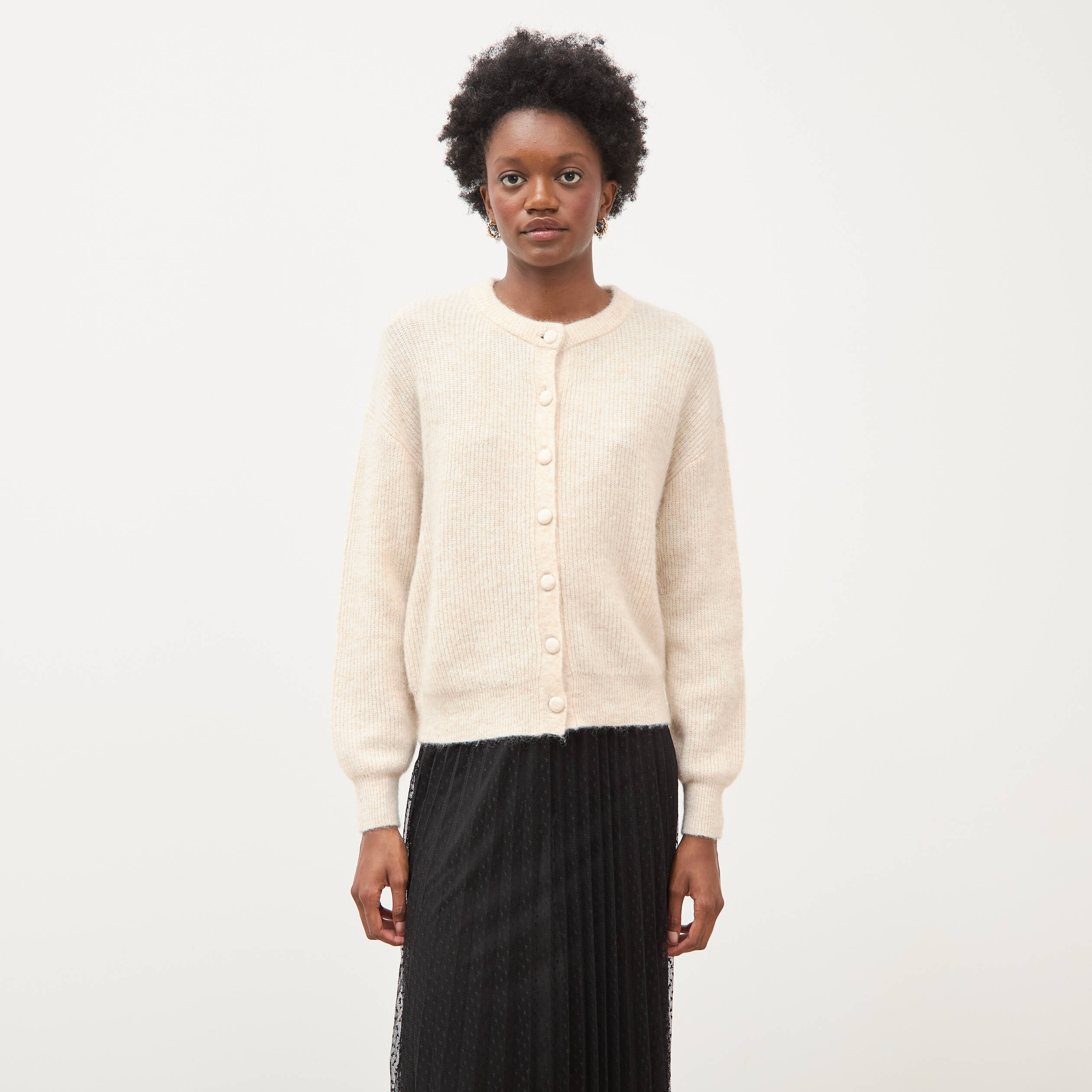 Gilet manches longues col rond beige femme
