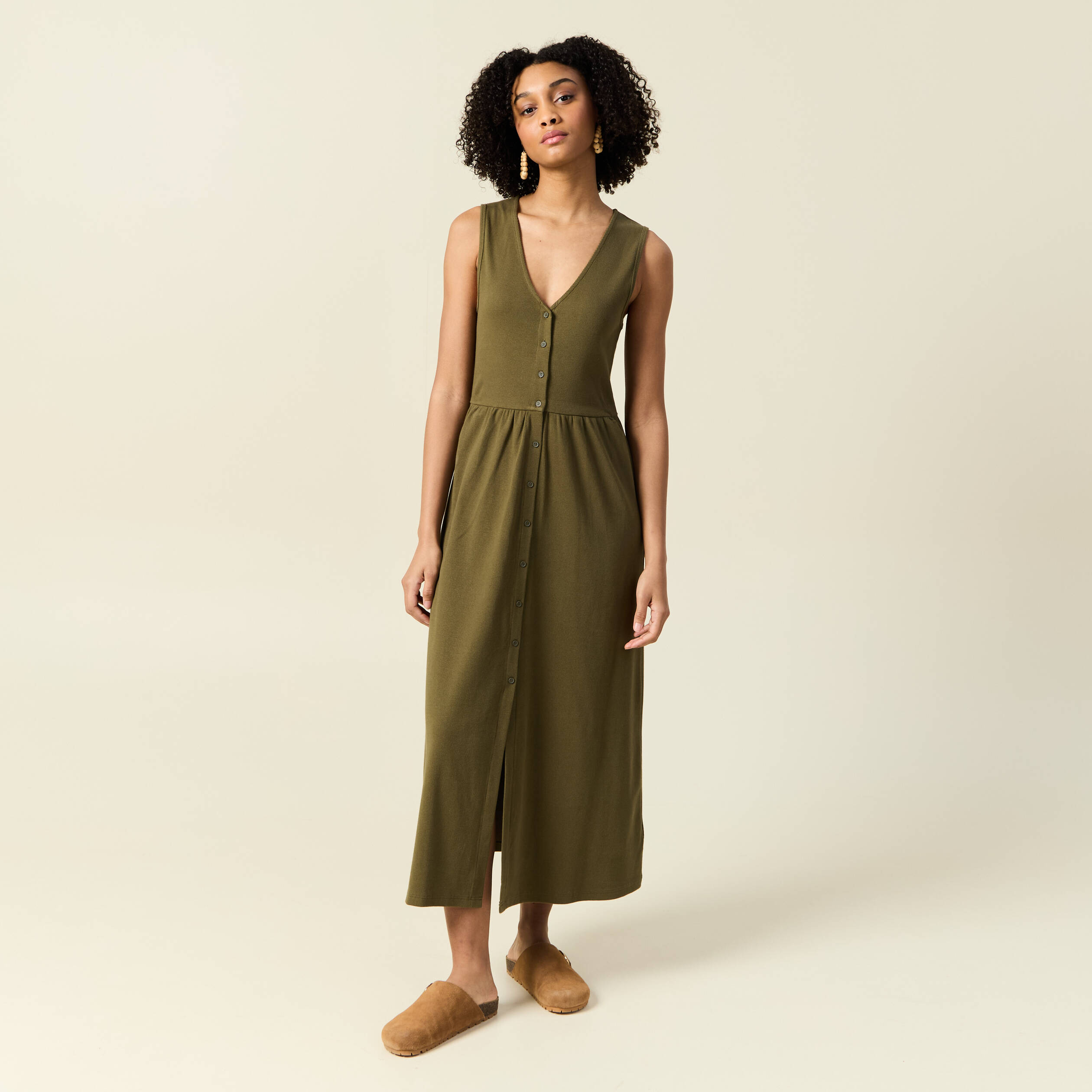 robe longue droite boutons vert kaki femme Robe longue droite boutons vert kaki femme