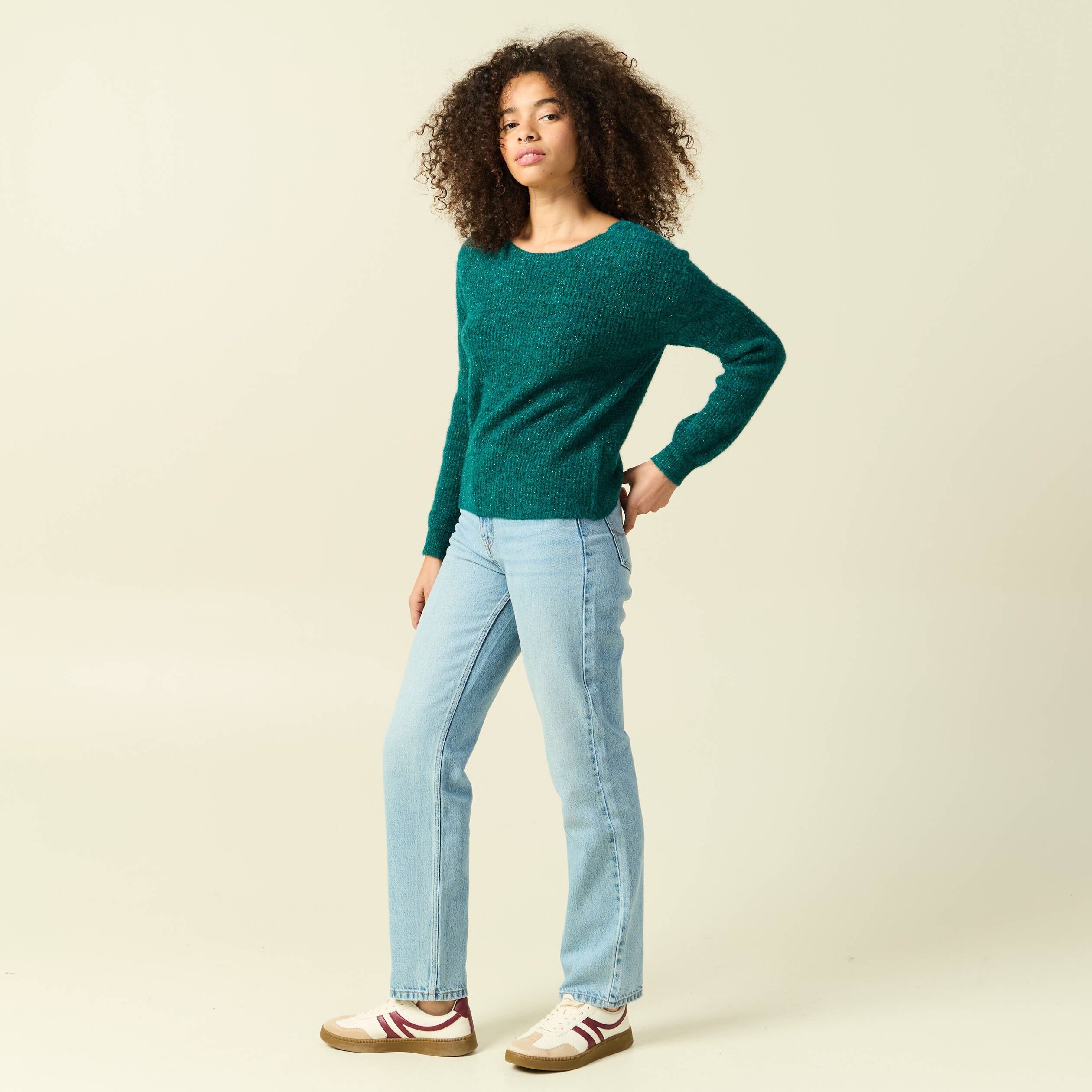 Pull r&eacute;versible manches longues col rond vert femme