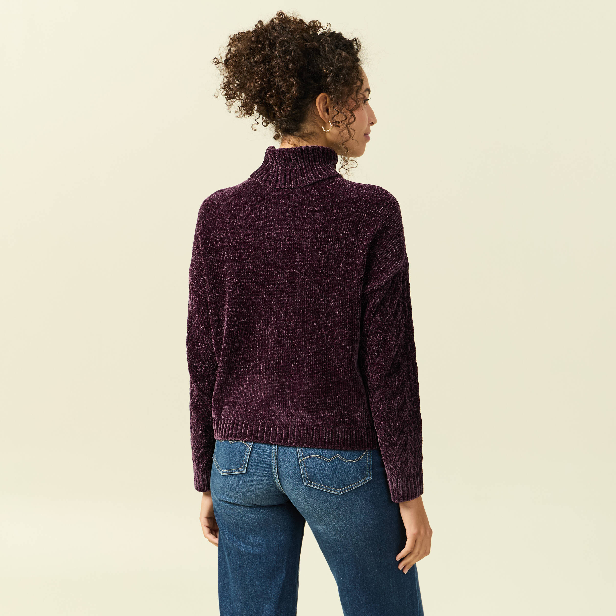 Pull col roul&eacute; manches longues prune femme
