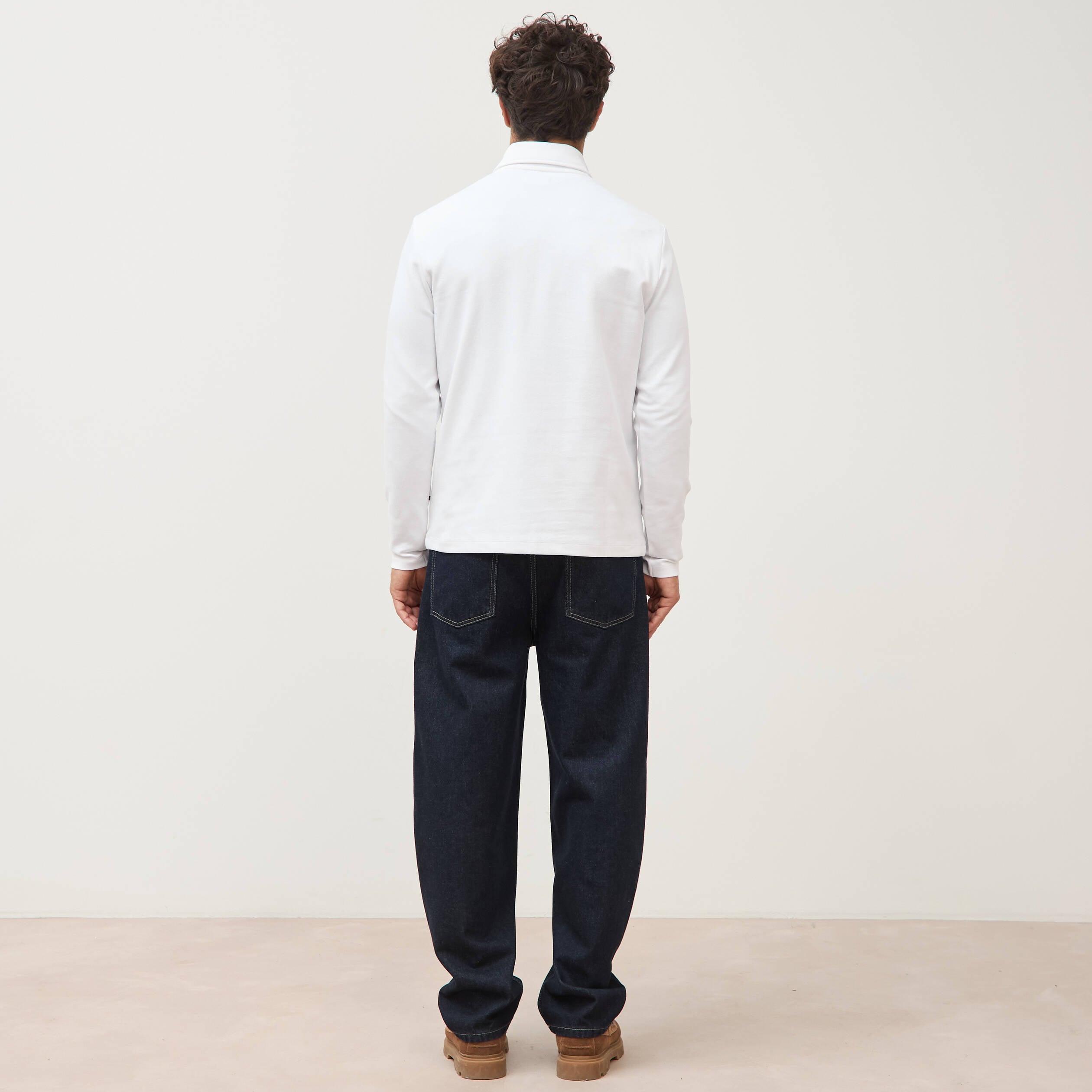 Polo droit manches longues blanc homme