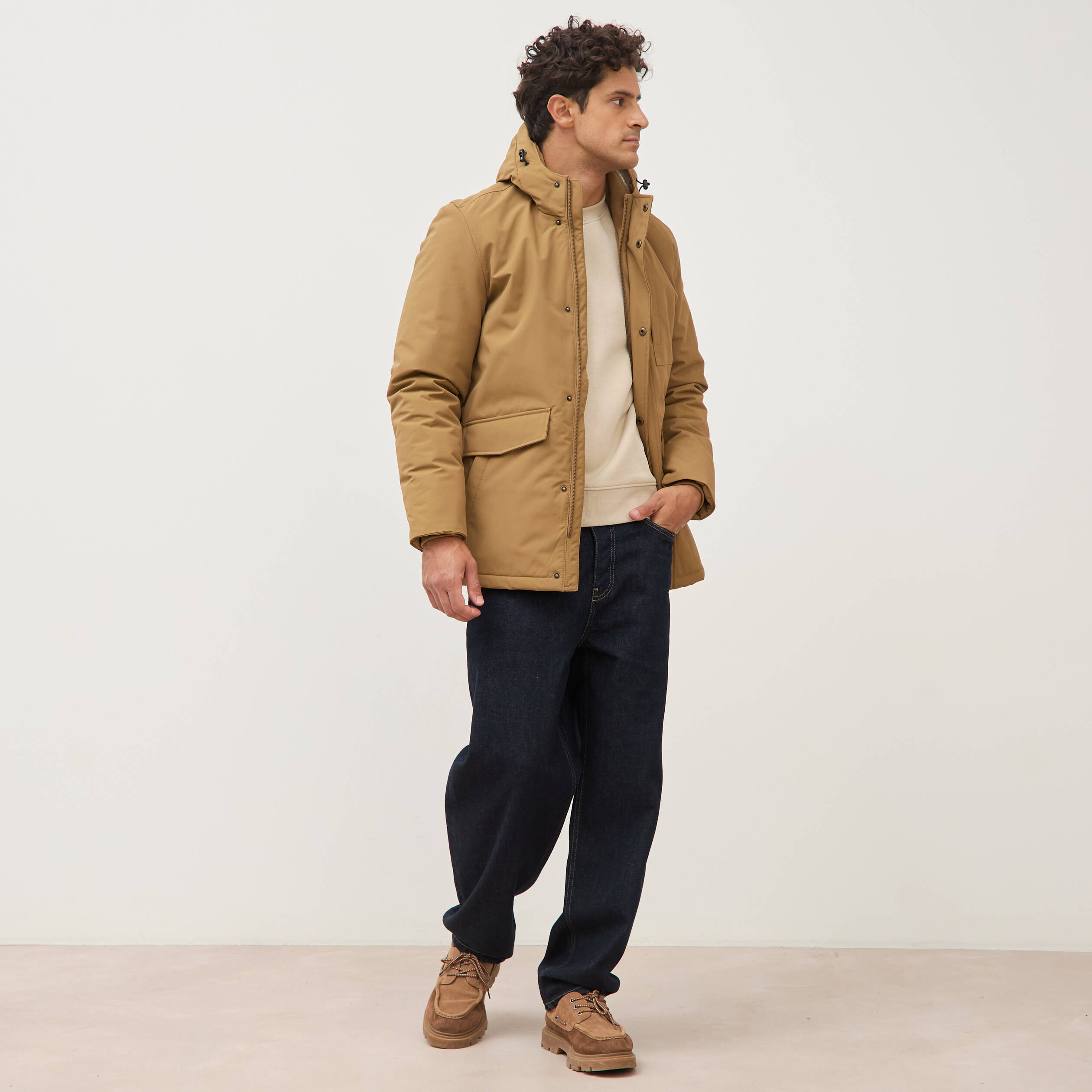 Parka longue droite &agrave; capuche vert kaki homme
