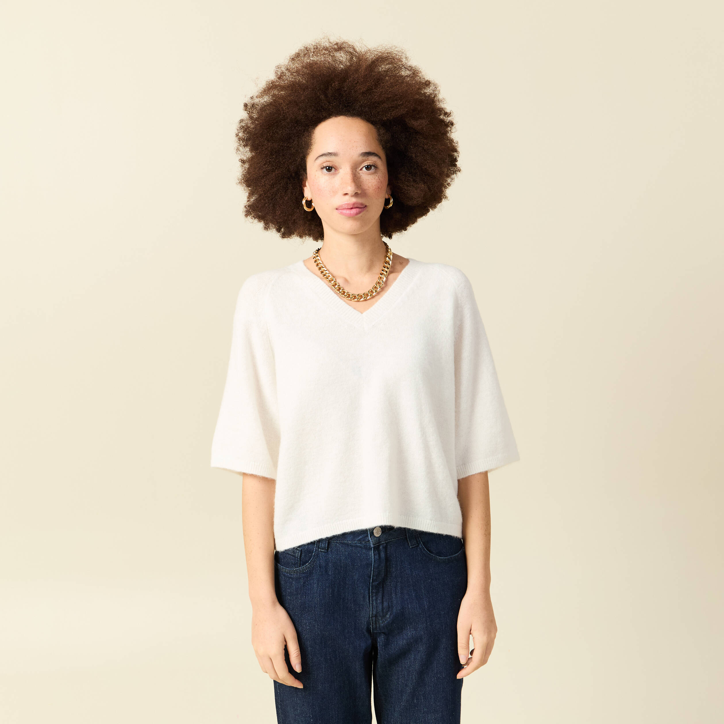 Pull col v manches 3/4 ecru femme