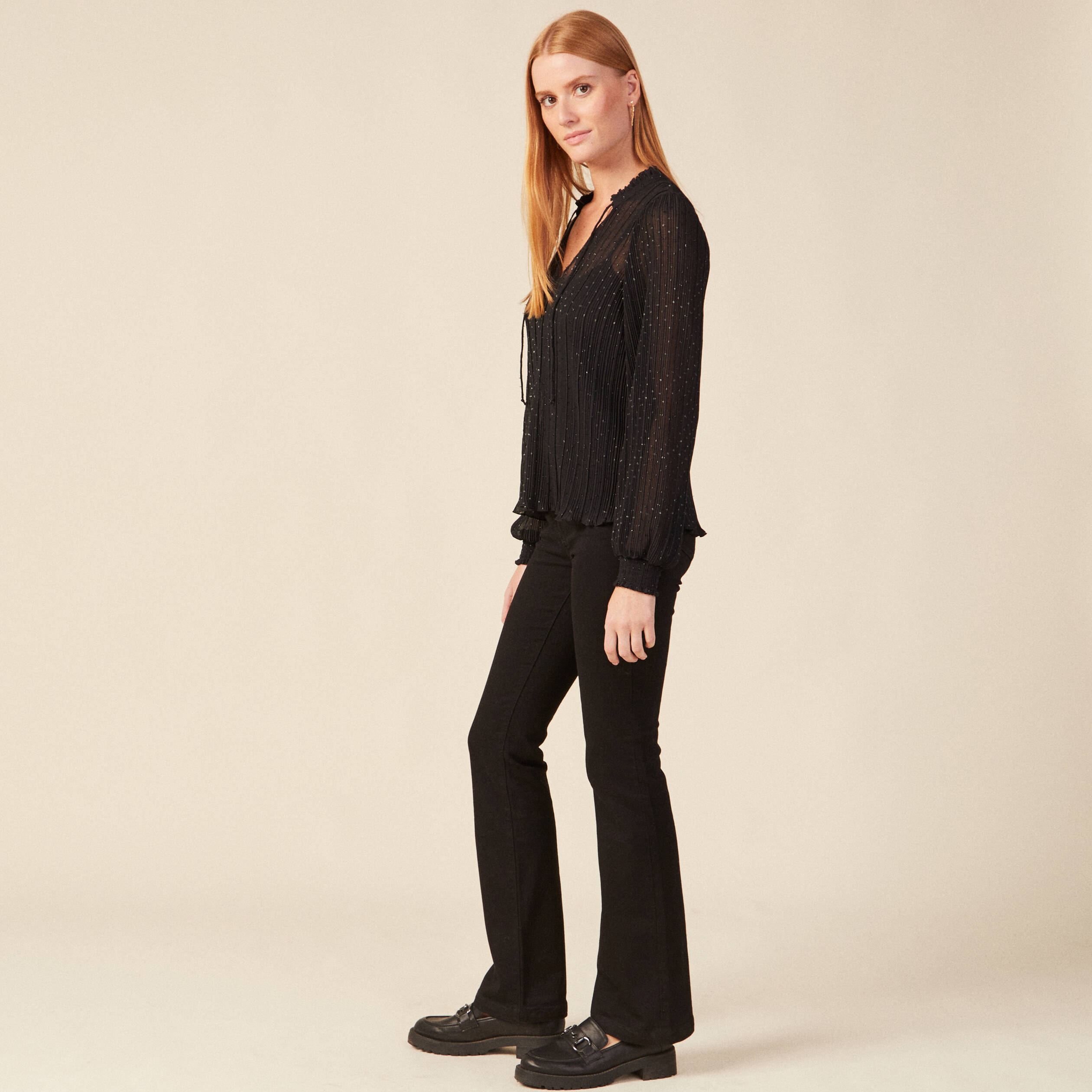 Blouse manches longues plissée noir femme