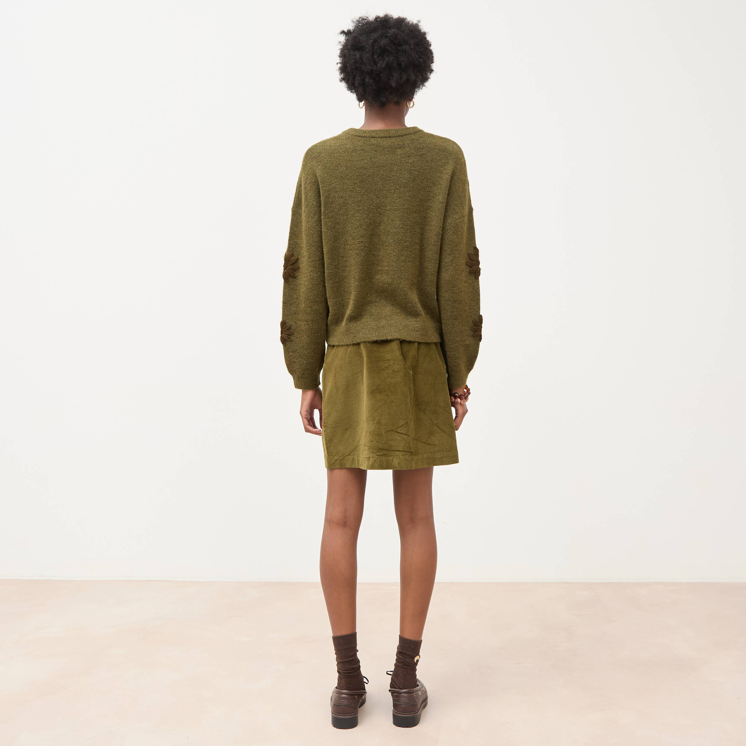 Pull manches longues col rond vert olive femme