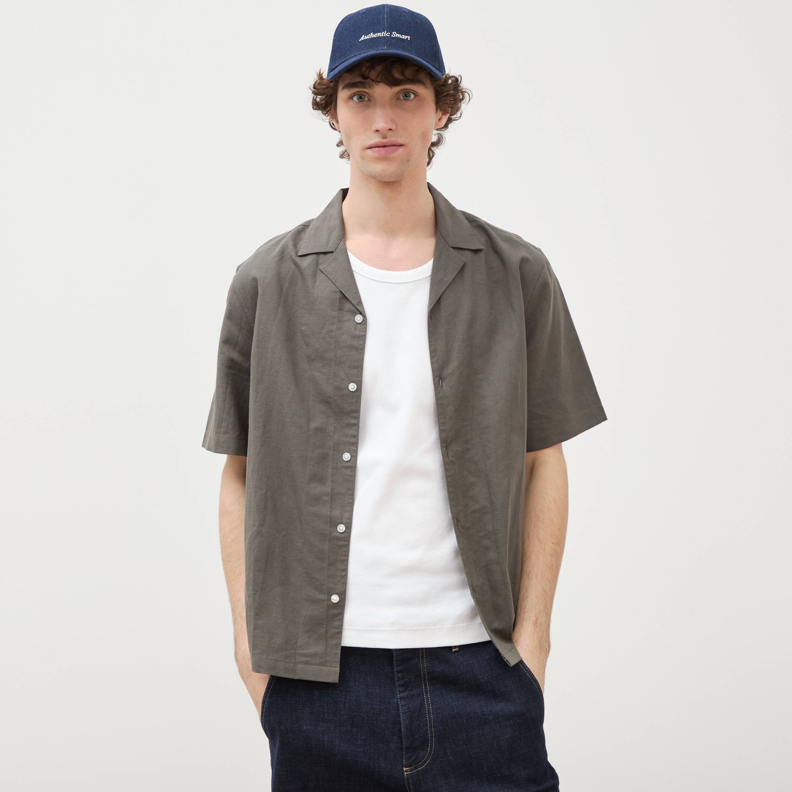 Chemise boyfriend manches courtes vert fonc&eacute; homme