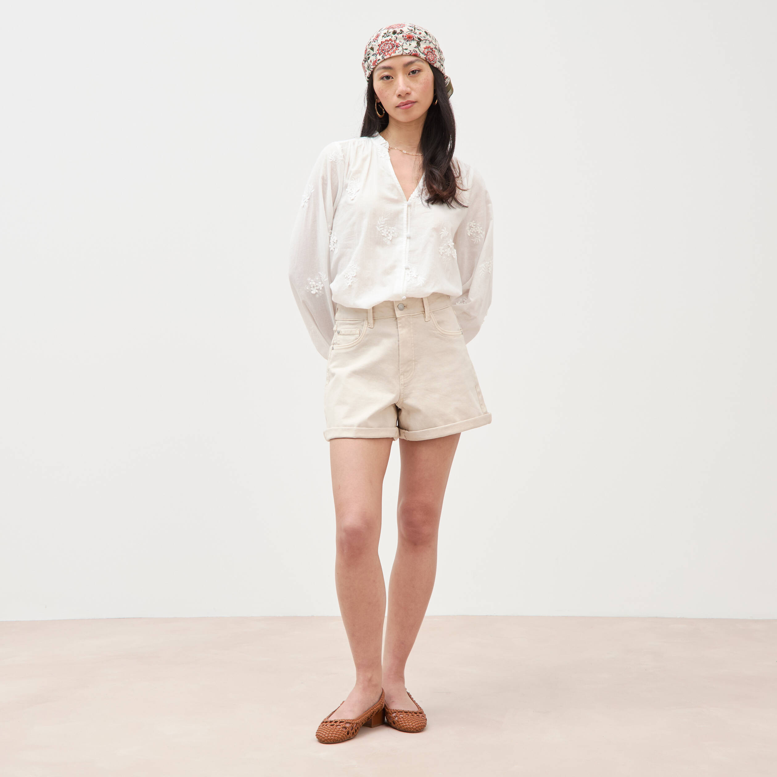 Short mom taille haute denim blanc femme