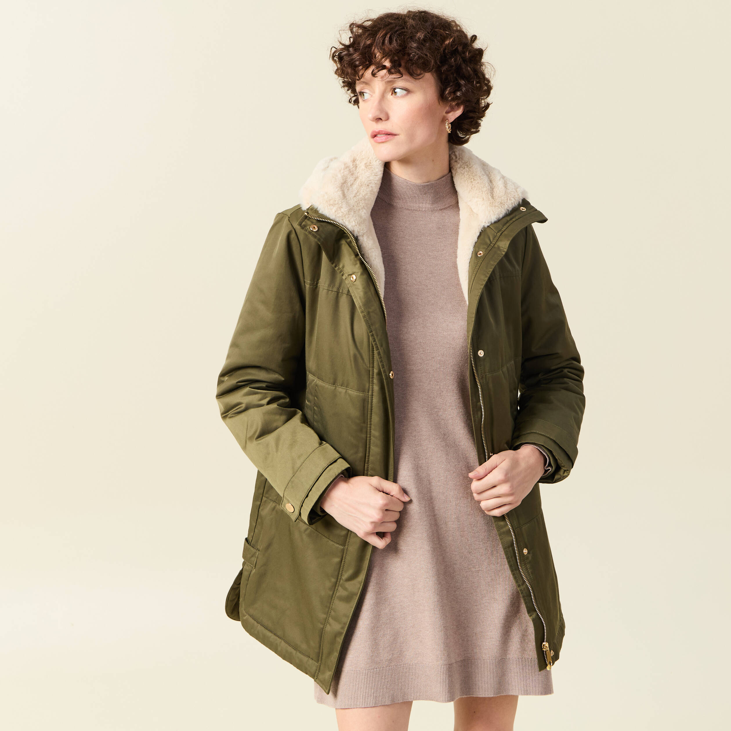 Parka droite a capuche vert kaki femme Bonobo