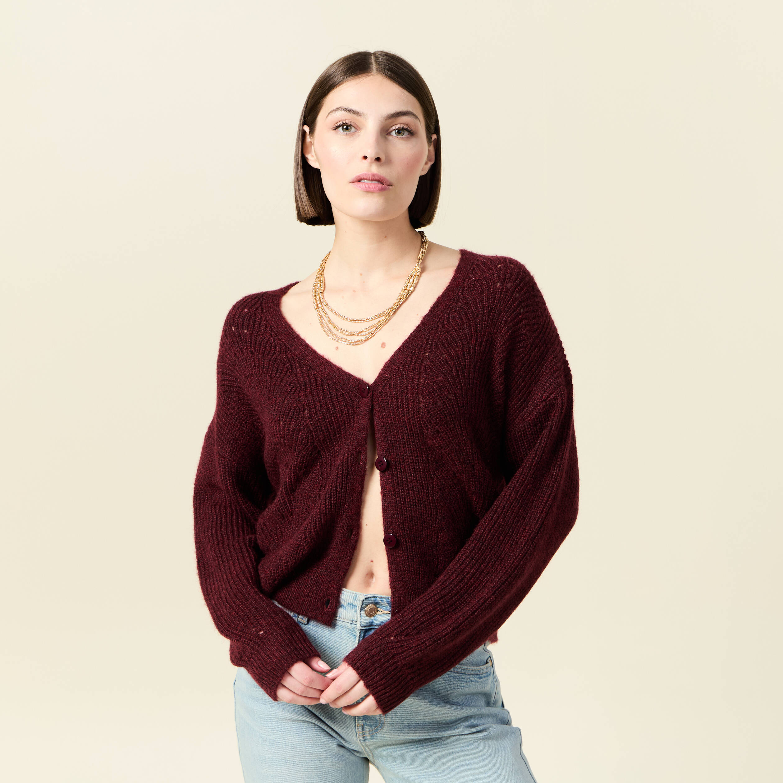 gilet ajoure col v manches longues bordeaux femme Gilet ajouré col V manches longues bordeaux femme