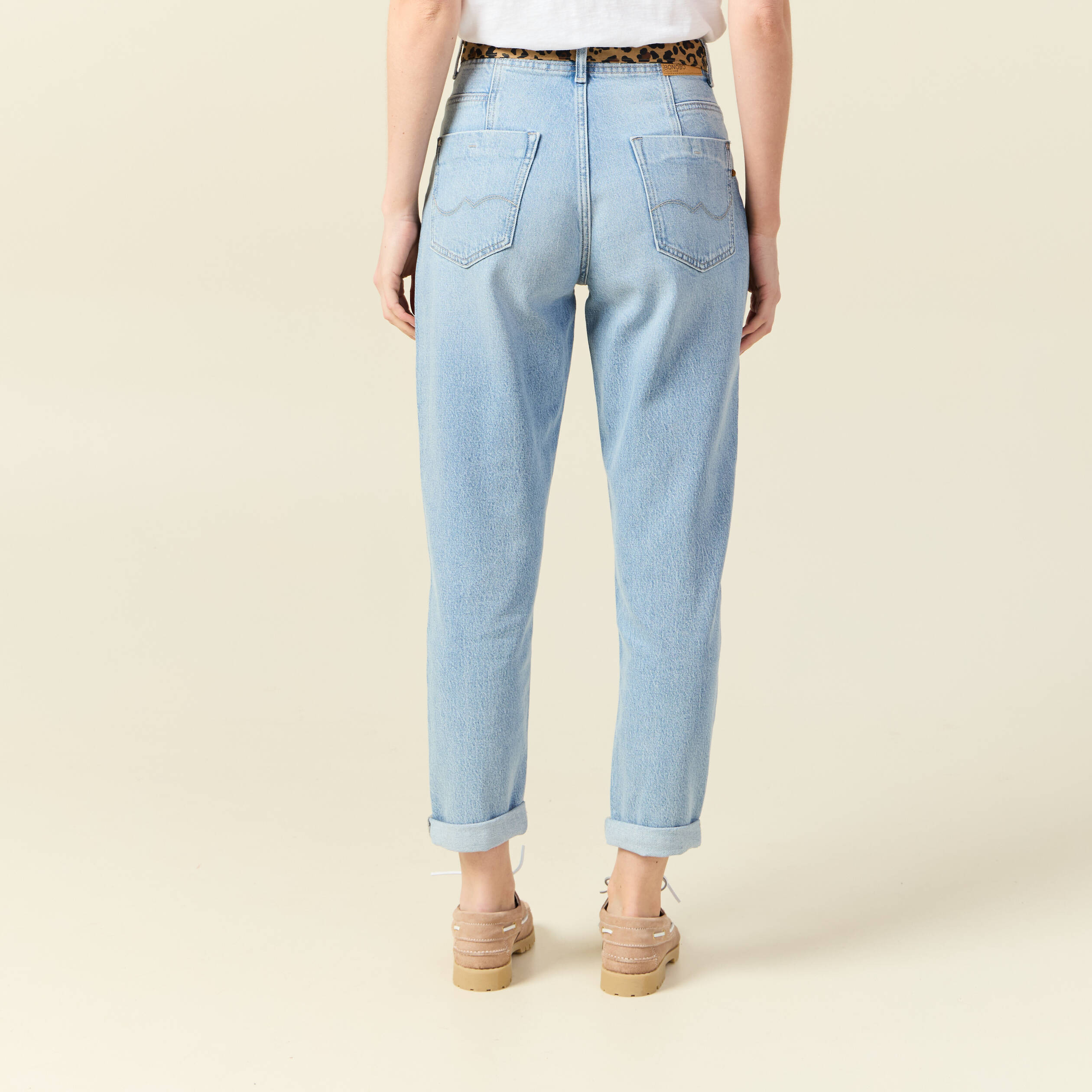 jeans mom ceinture foulard denim bleach femme Jeans mom ceinture foulard denim bleach femme