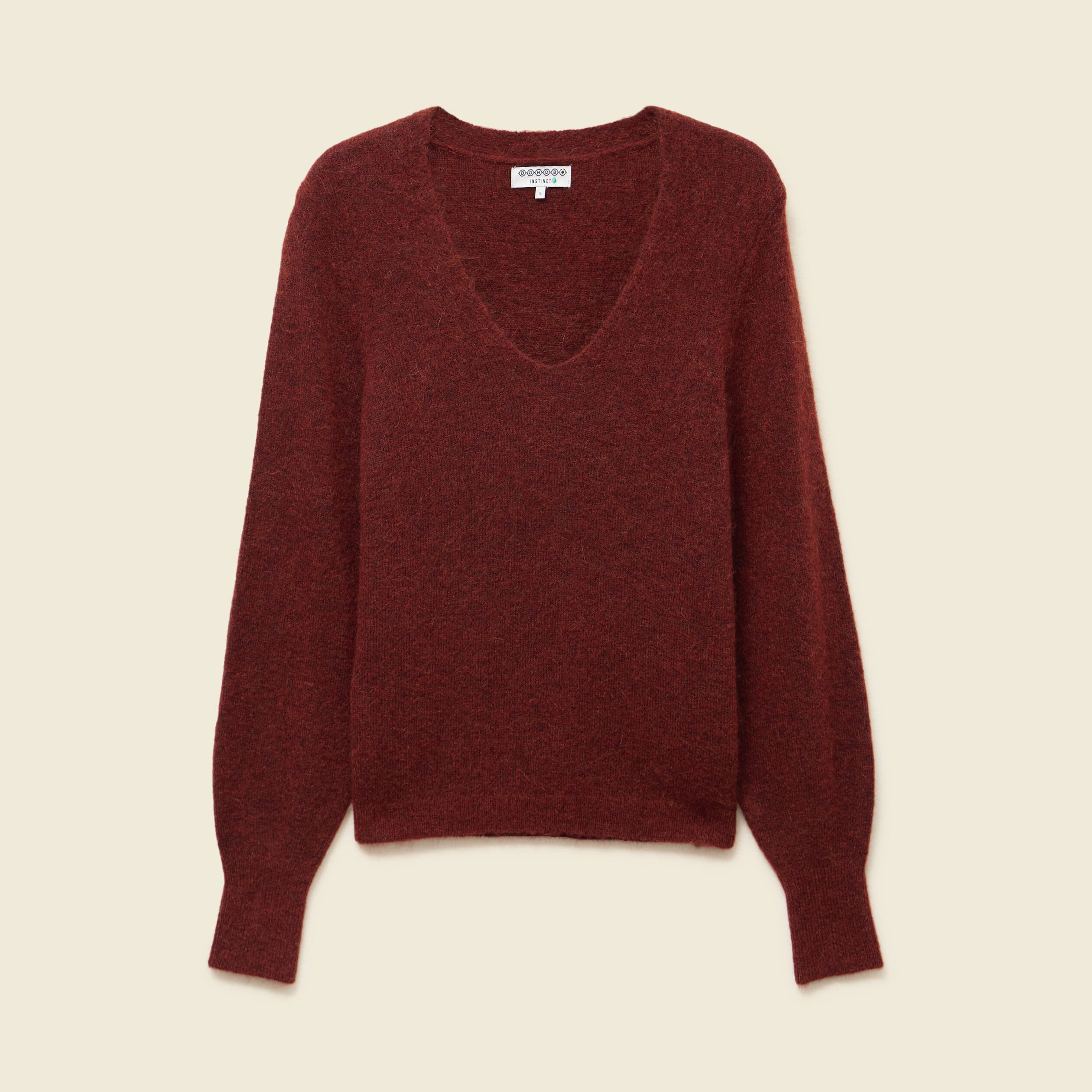 Pull col V manches longues orange fonc&eacute; femme