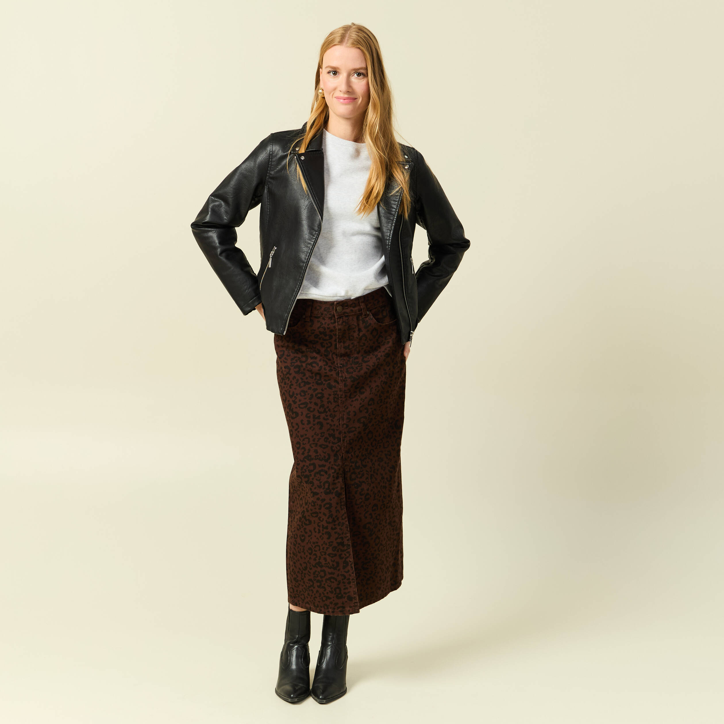 Jupe droite longue en coton marron cognac femme