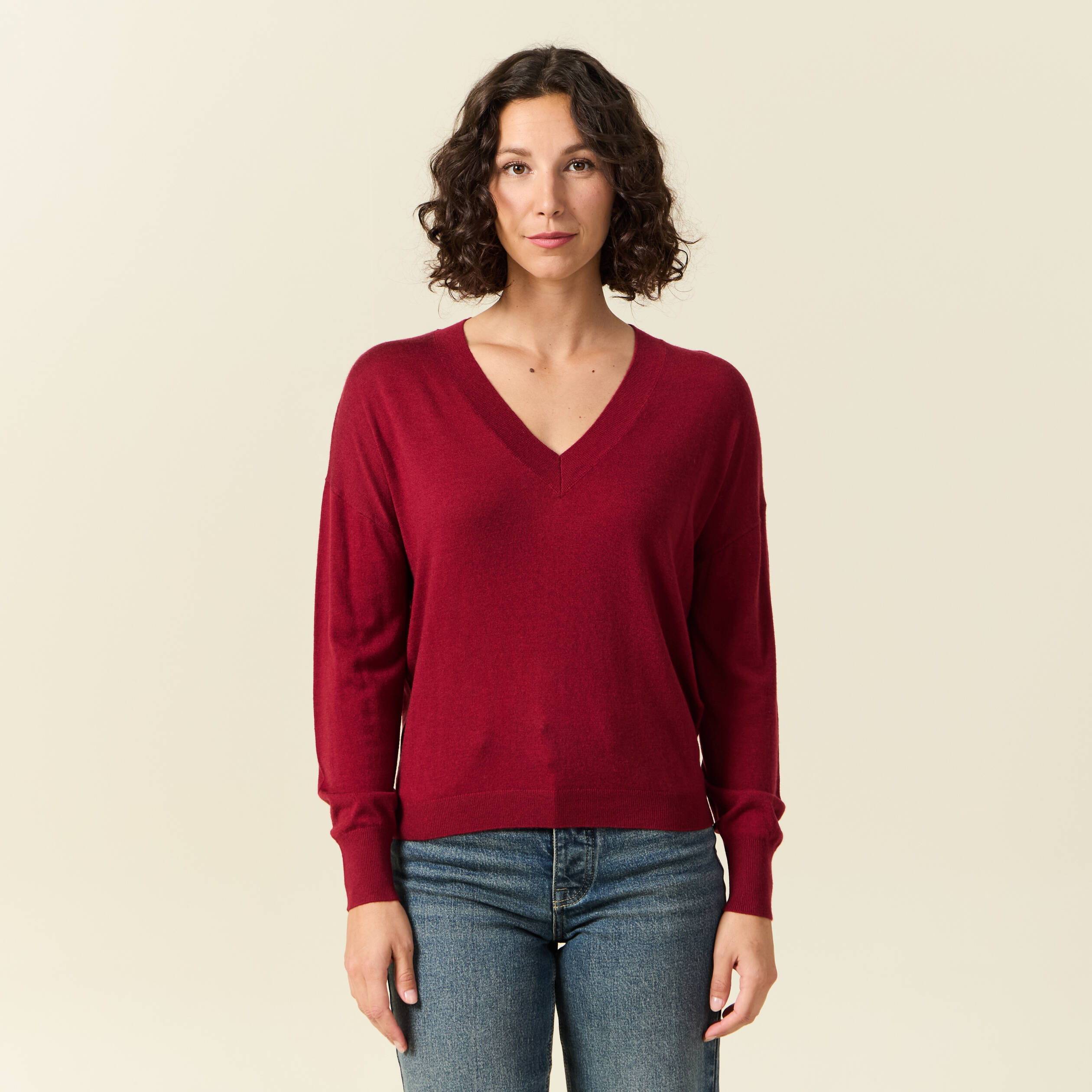 pull fin col v manches longues rouge femme Pull fin col V manches longues rouge femme