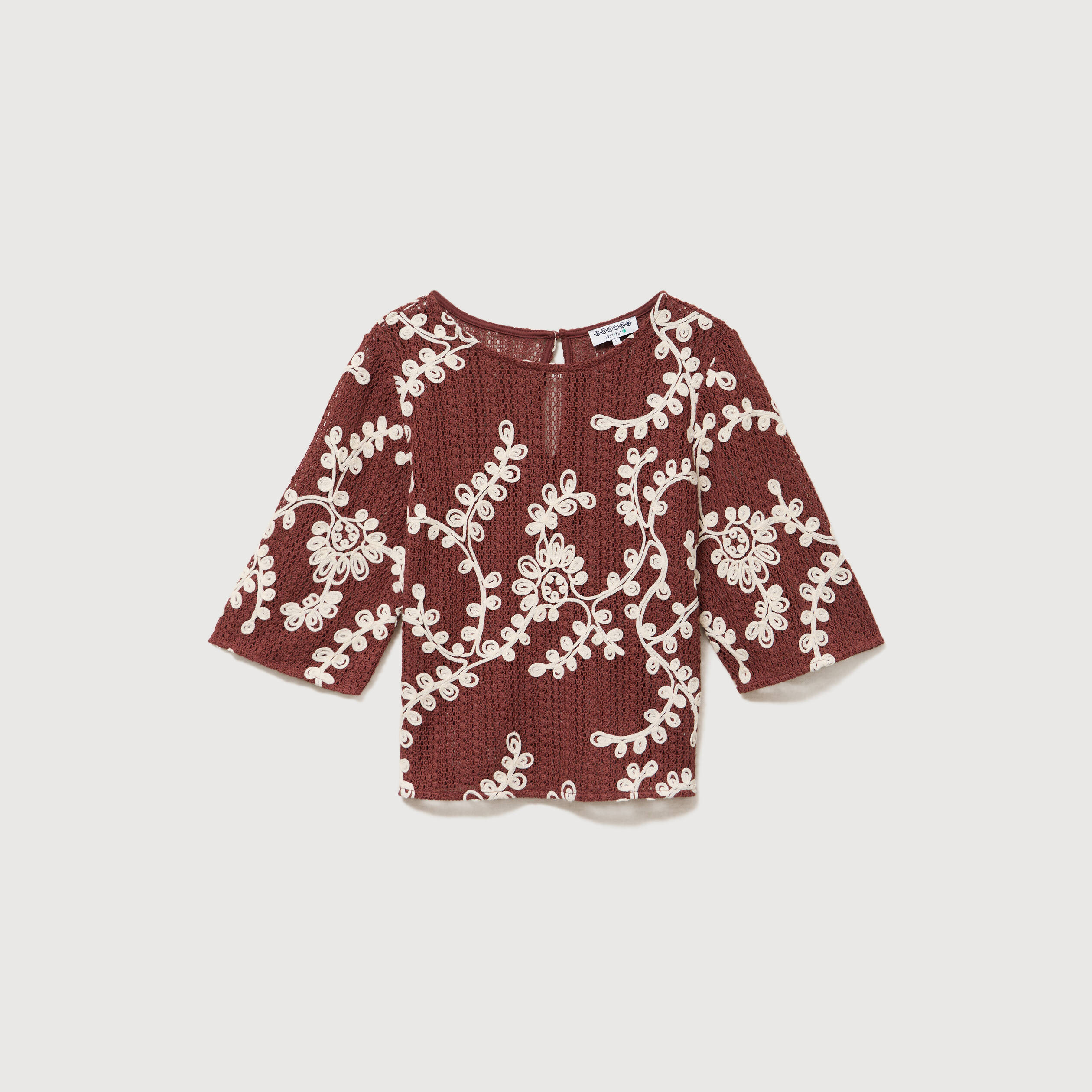T-shirt brod&eacute; col rond manches 3/4 marron cognac femme
