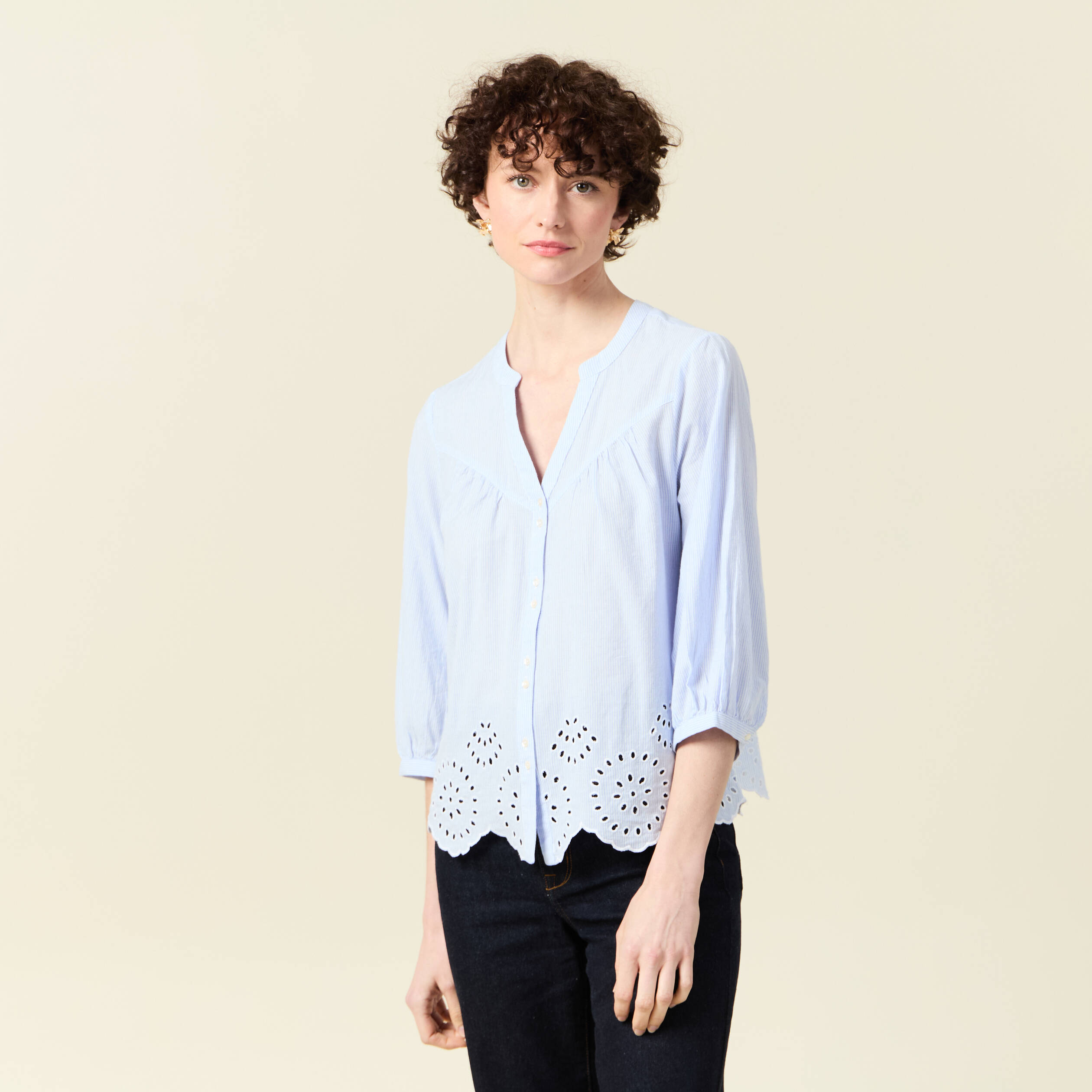 chemise manches 34 brodee blanc femme Chemise manches 3/4 brodée blanc femme