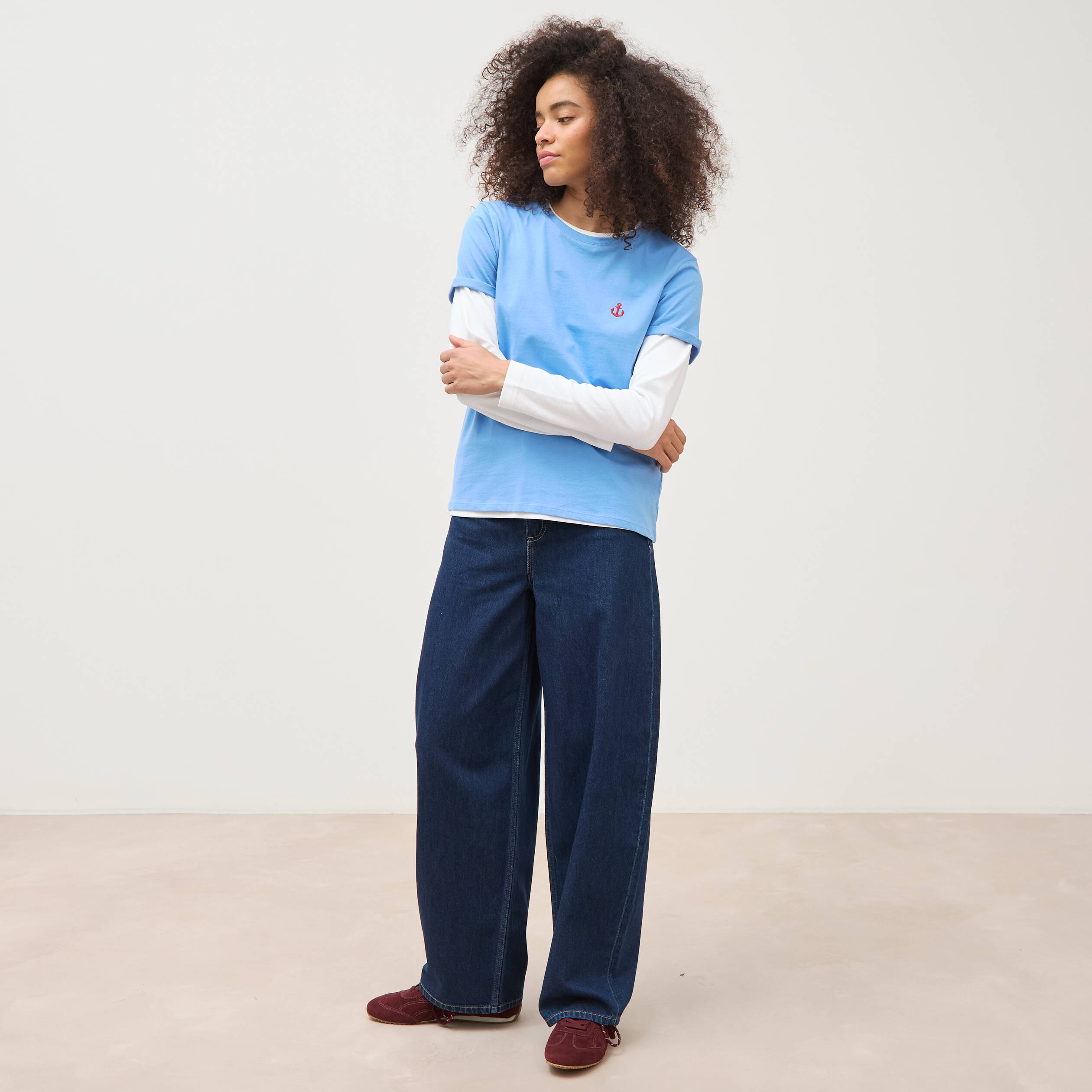 T-shirt droit col rond manches courtes bleu clair femme