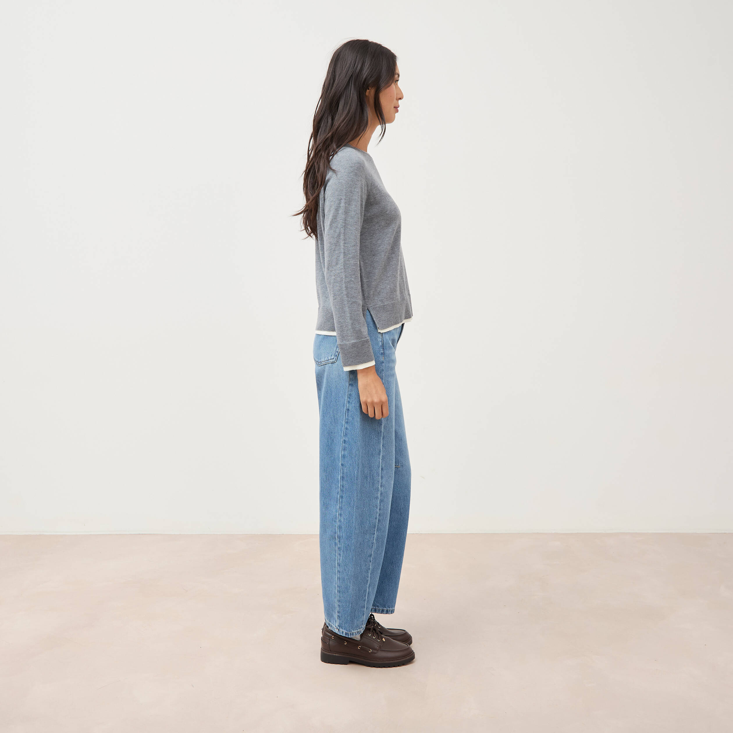 Pull droit col rond manches longues gris clair femme