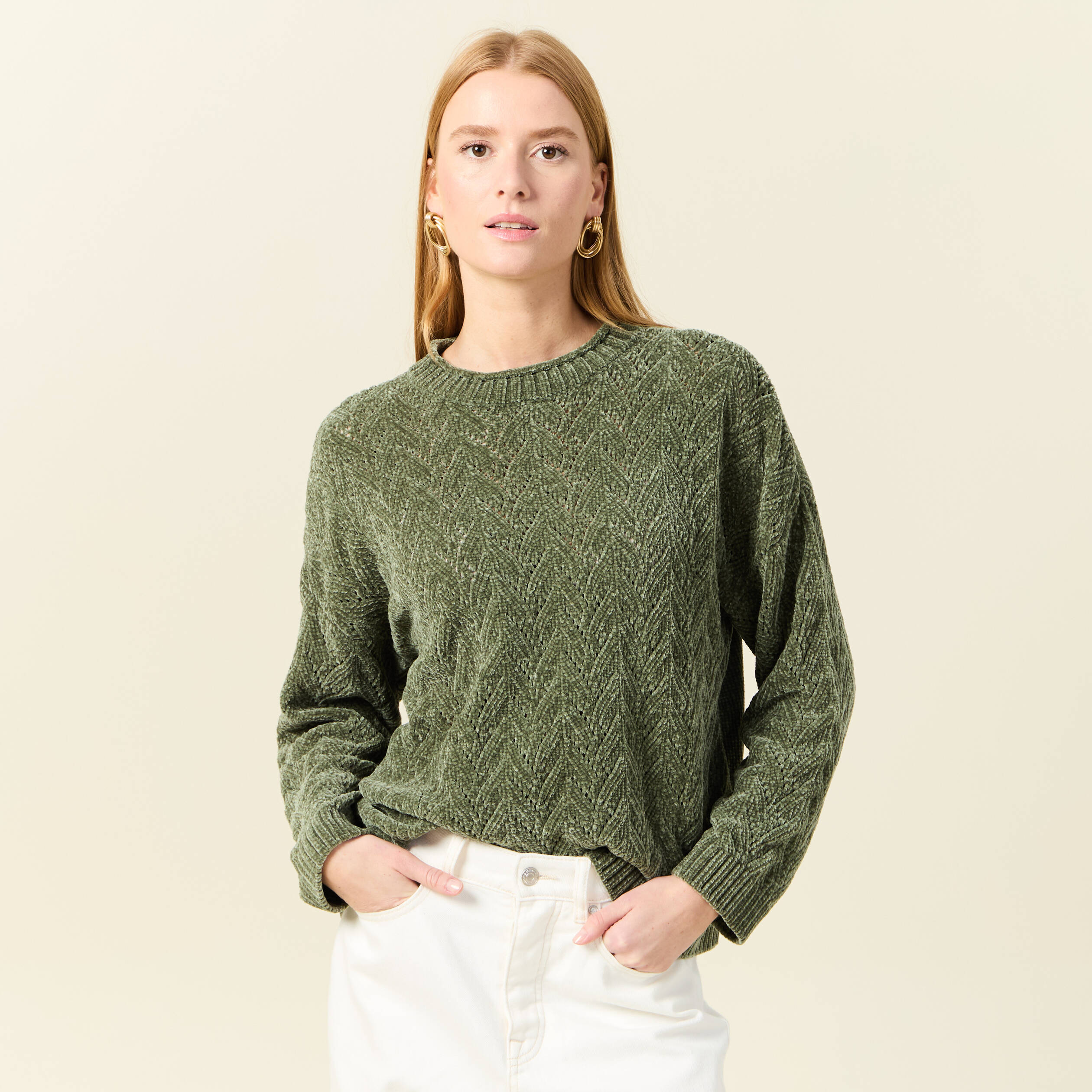 Pull manches longues ajouré vert kaki femme