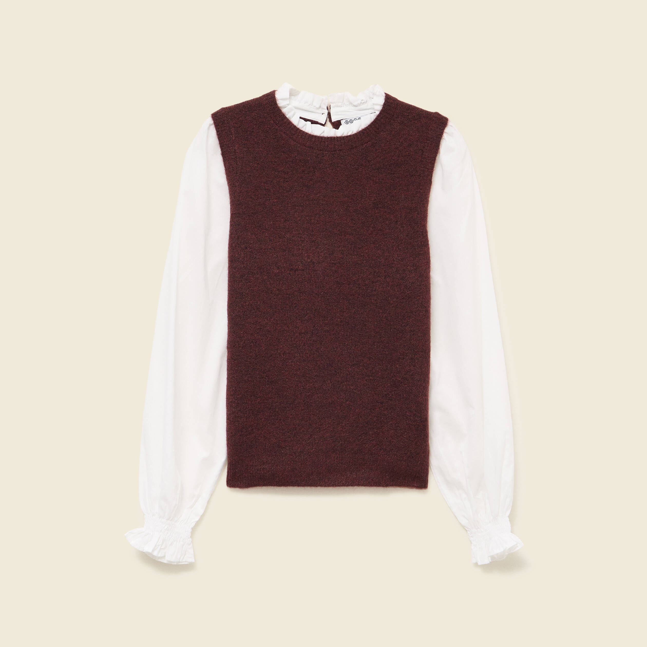 Pull 2 en 1 col rond manches longues marron femme