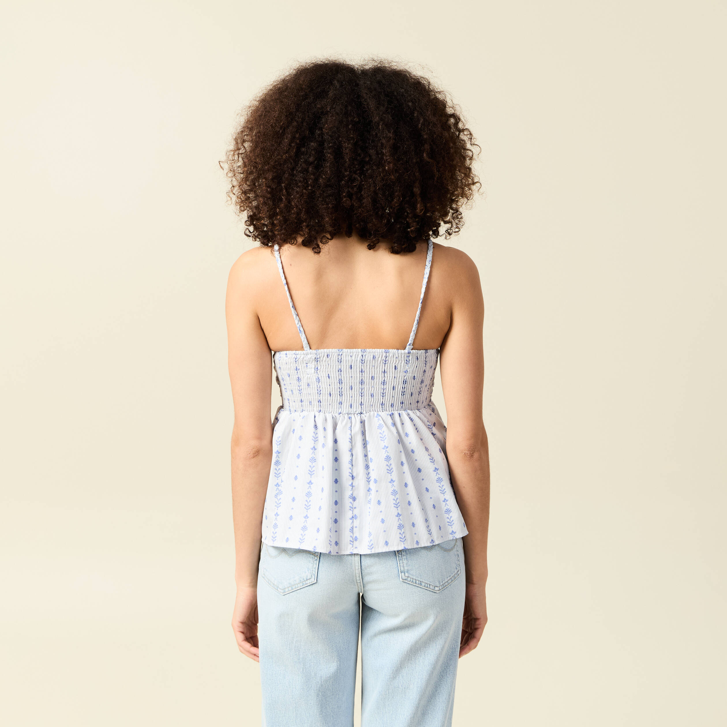 top col droit a bretelles en coton bleu clair femme Top col droit à bretelles en coton bleu clair femme