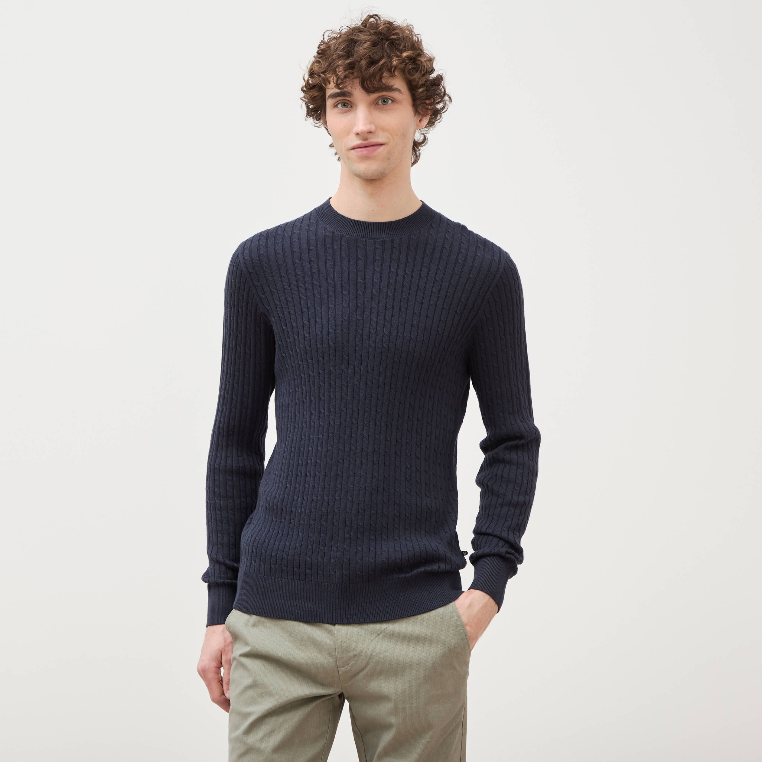 Pull col rond bleu marine homme