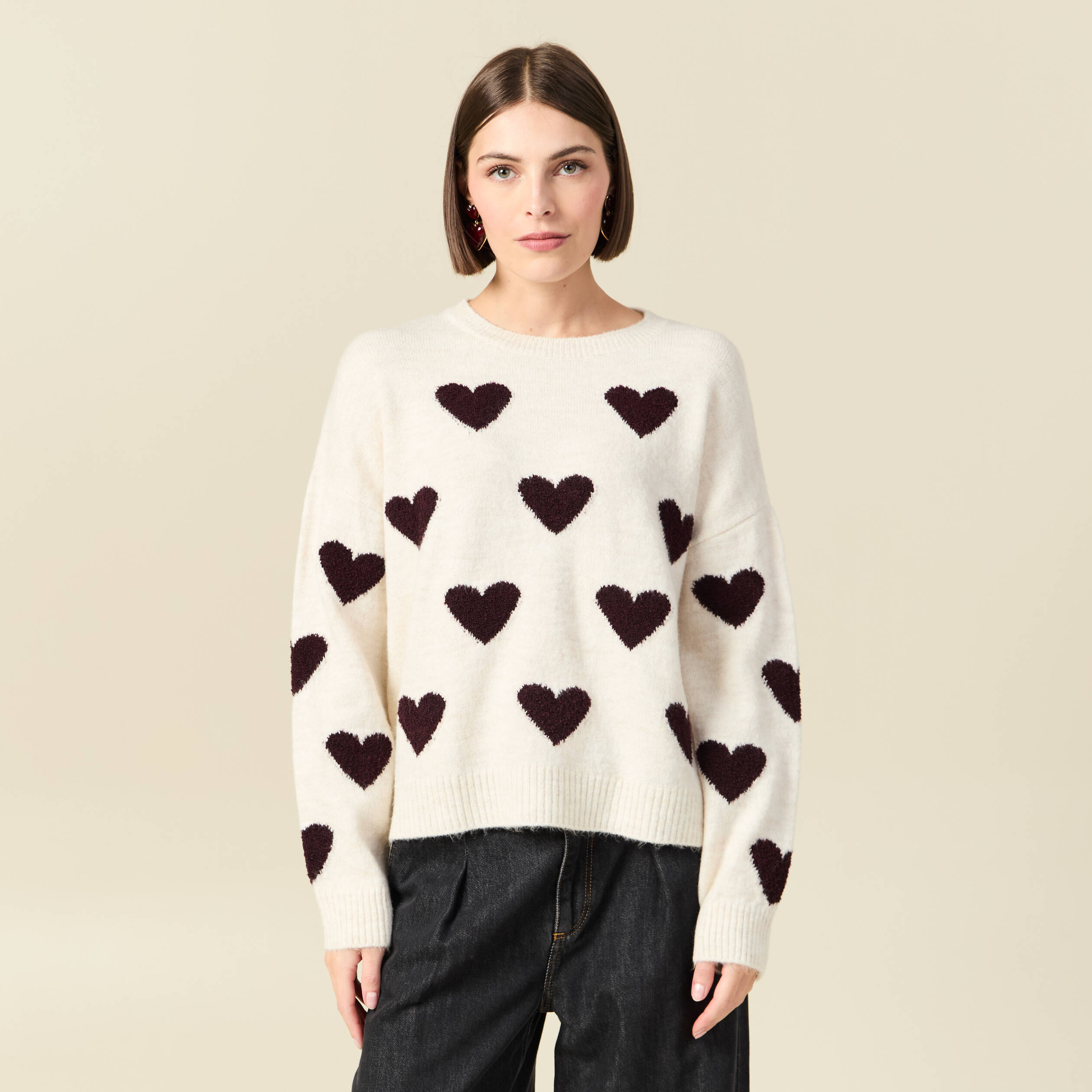 Pull manches longues bouclette col rond prune femme
