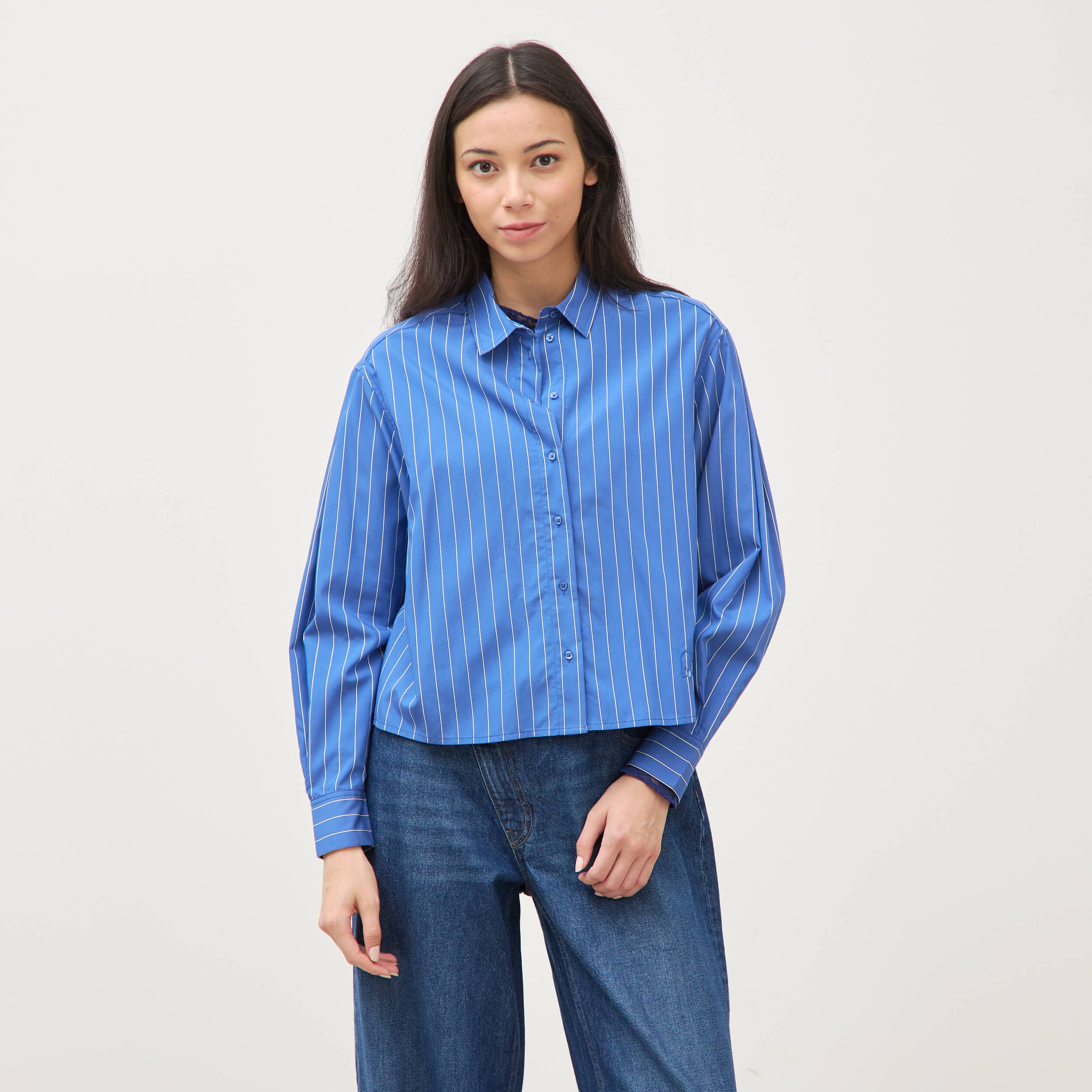 Chemise droite manches longues ray&eacute;e bleu femme