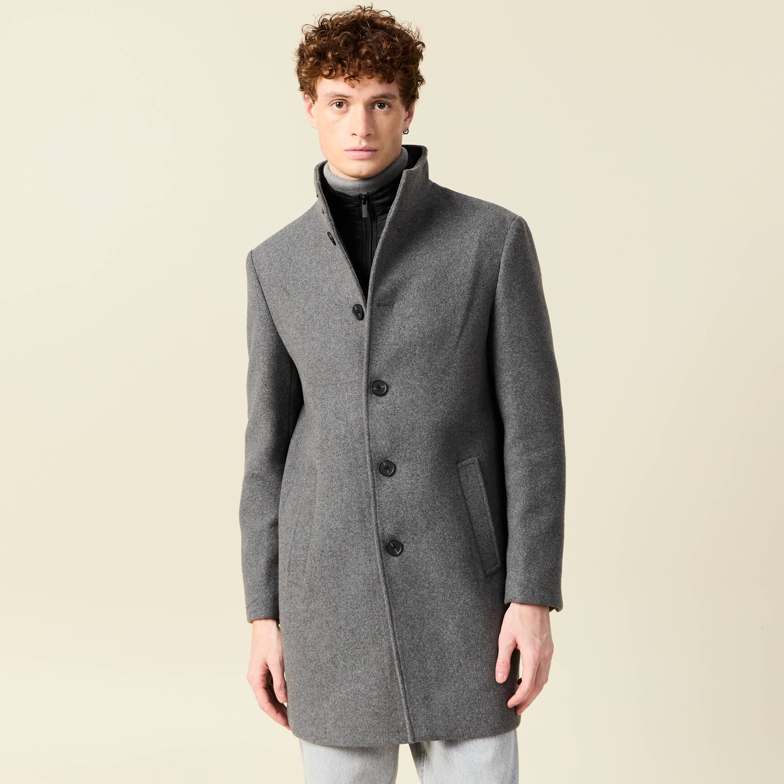Manteau droit long col montant gris fonc&eacute; homme