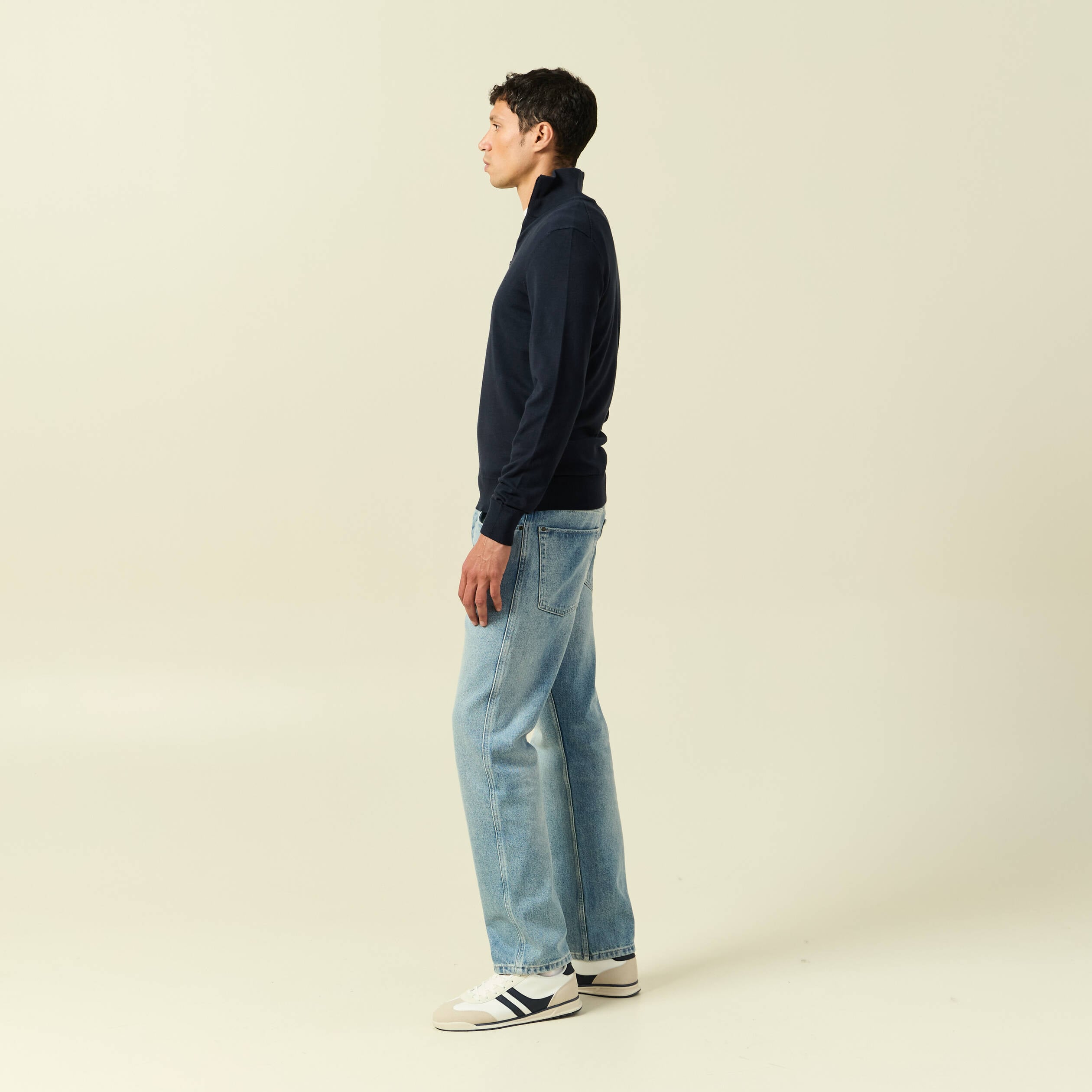 Pull fin col camionneur manches longues bleu marine homme