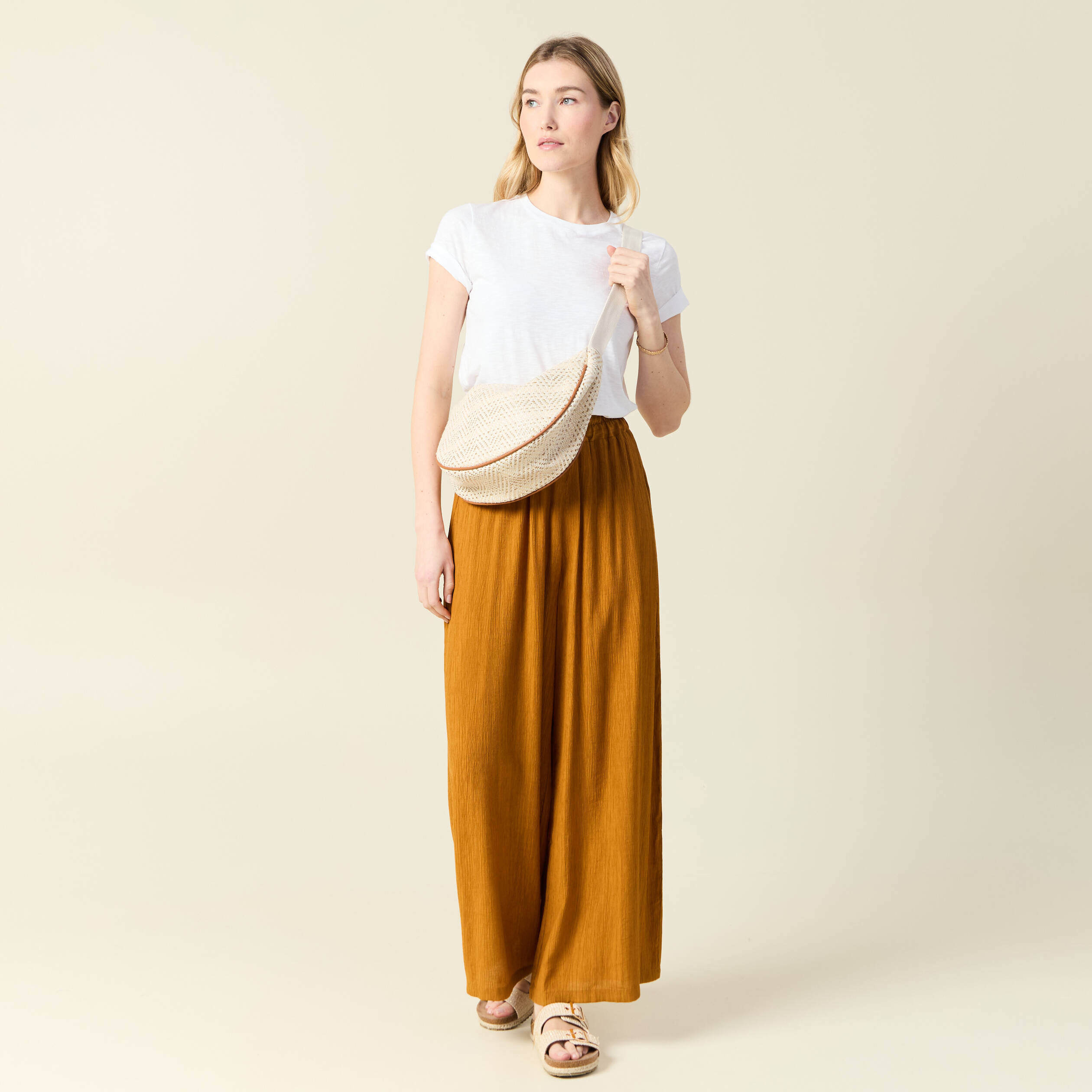 Pantalon large camel femme