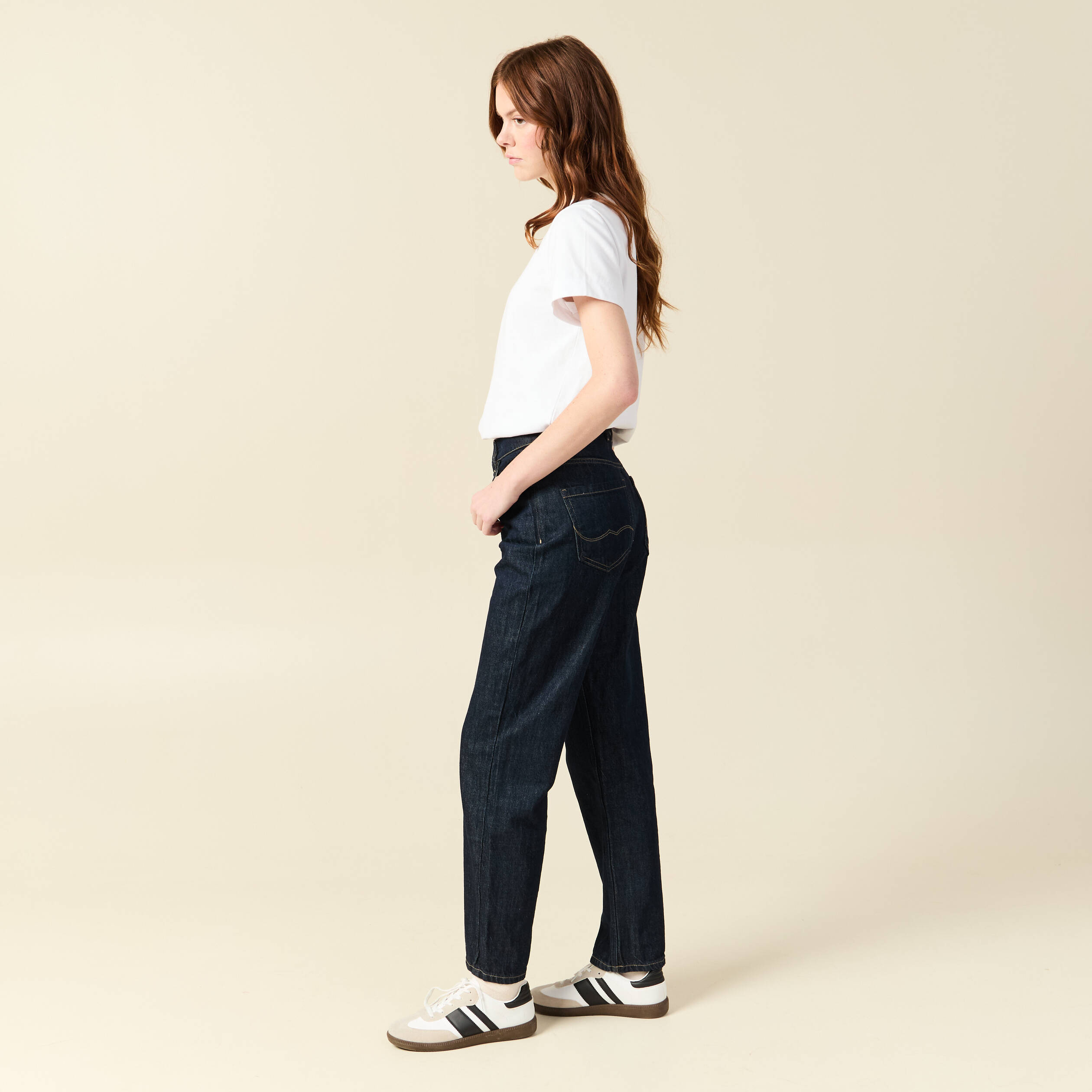Jeans straight taille haute denim brut rinse femme