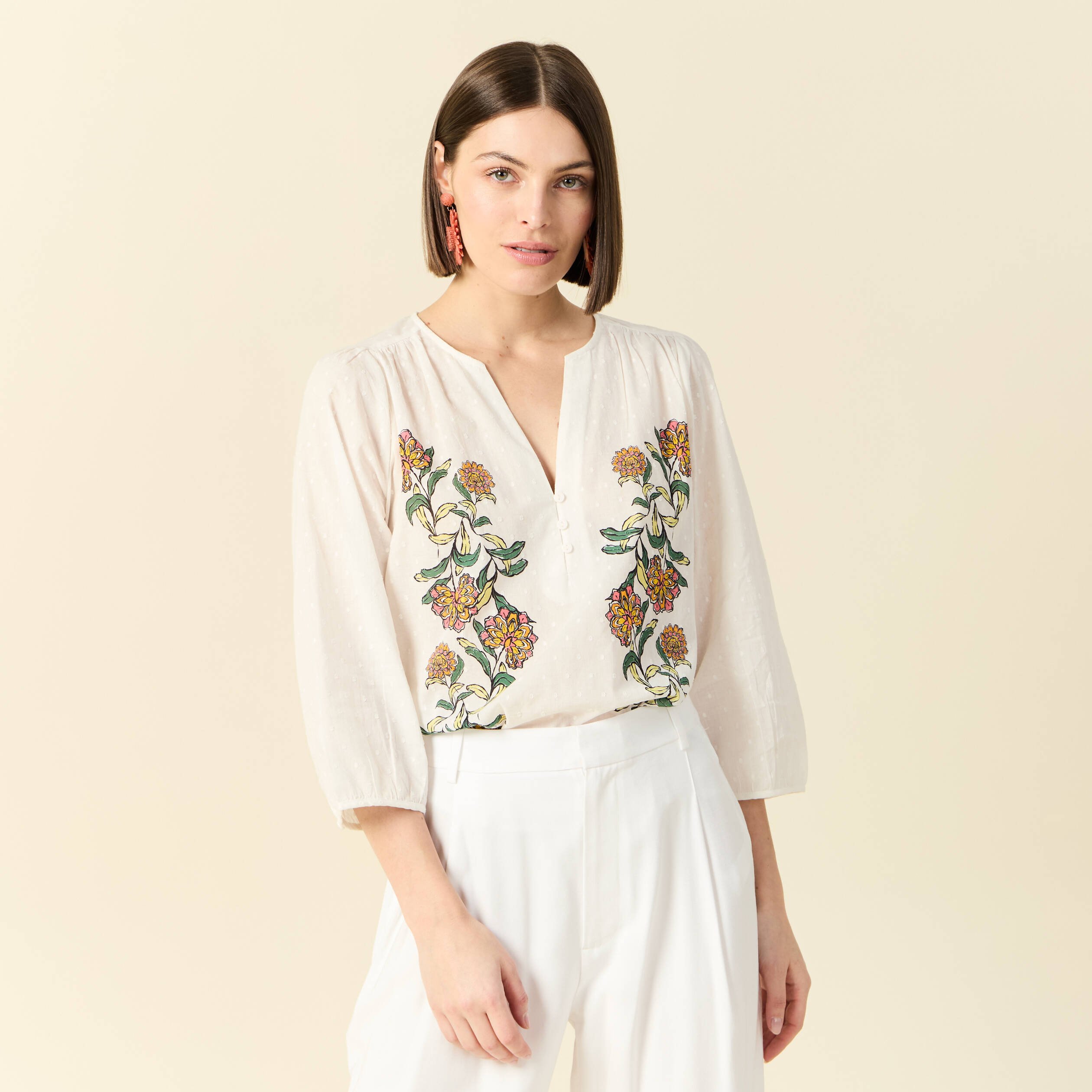 blouse manches 34 blanc femme Blouse manches 3/4 blanc femme