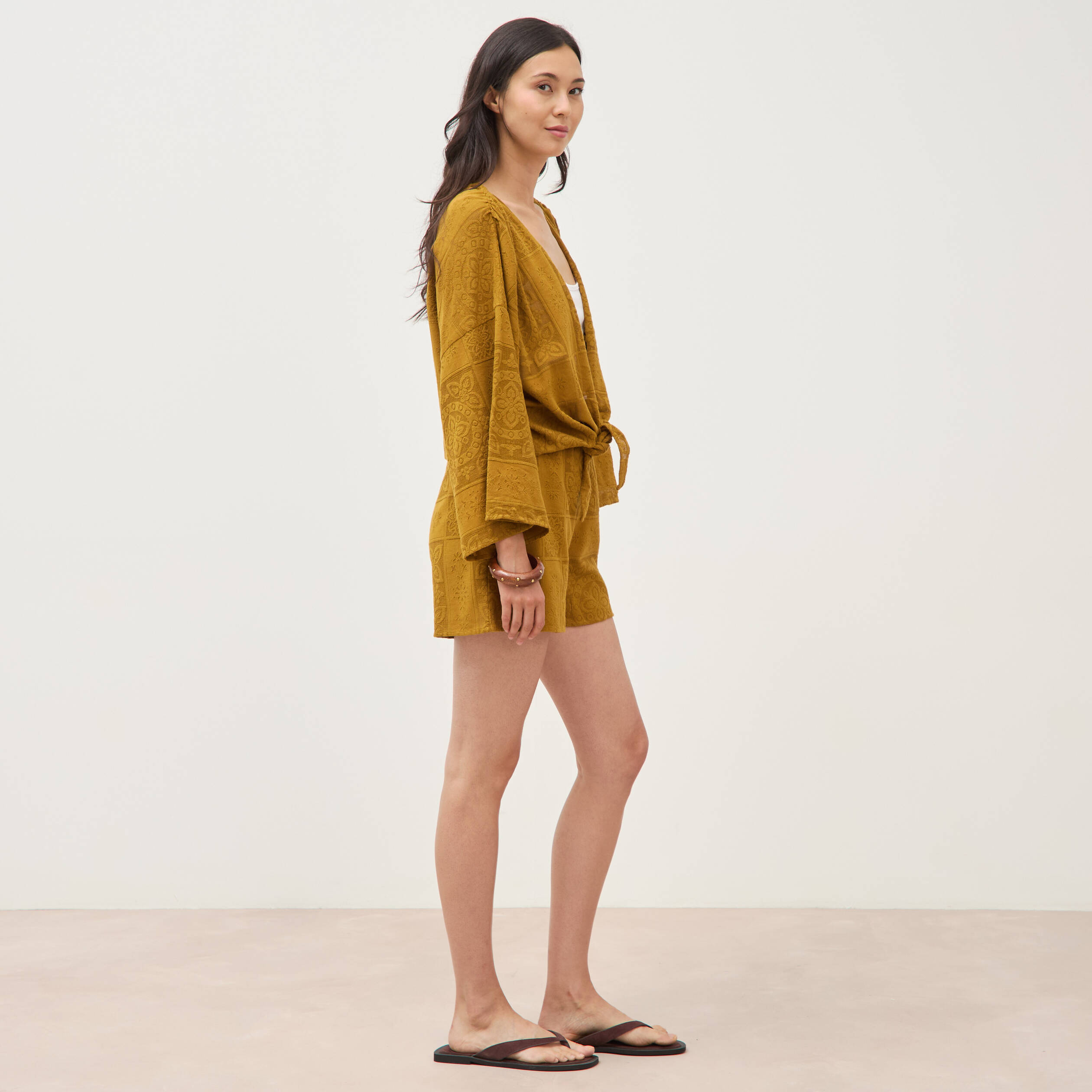 Gilet ajour&eacute; col v manches coude vert olive femme