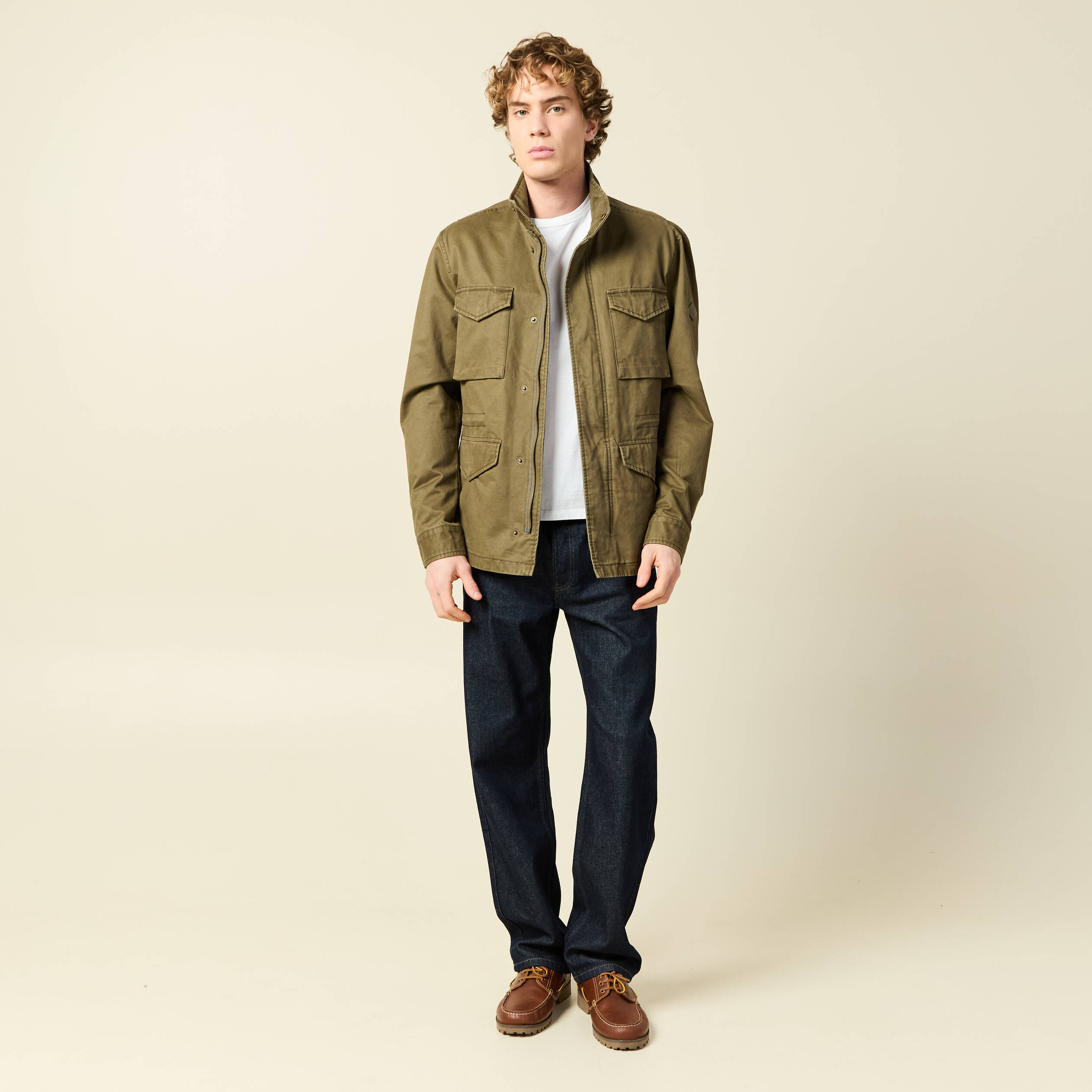 Saharienne col montant manches longues vert kaki homme