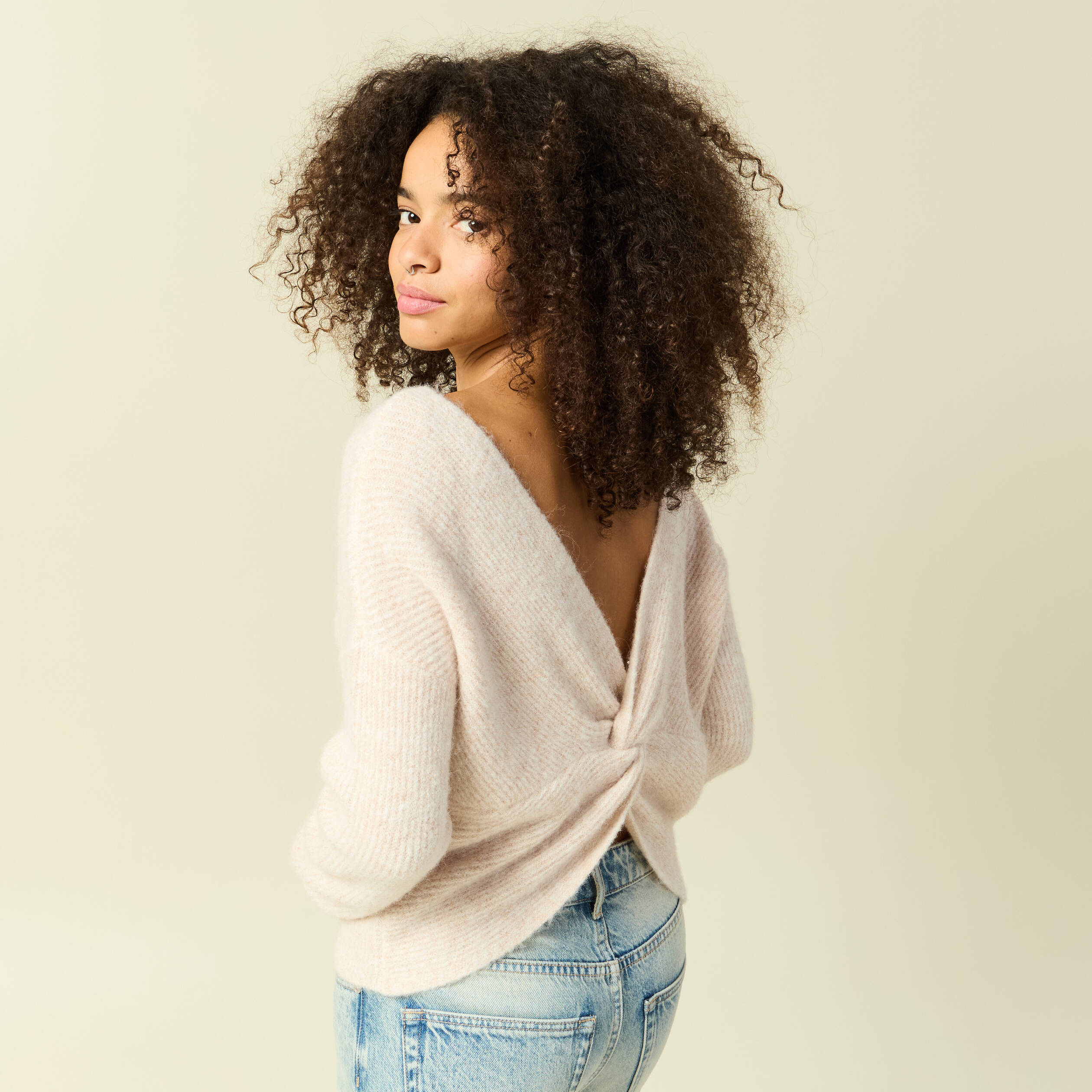 Pull r&eacute;versible manches longues col rond creme femme