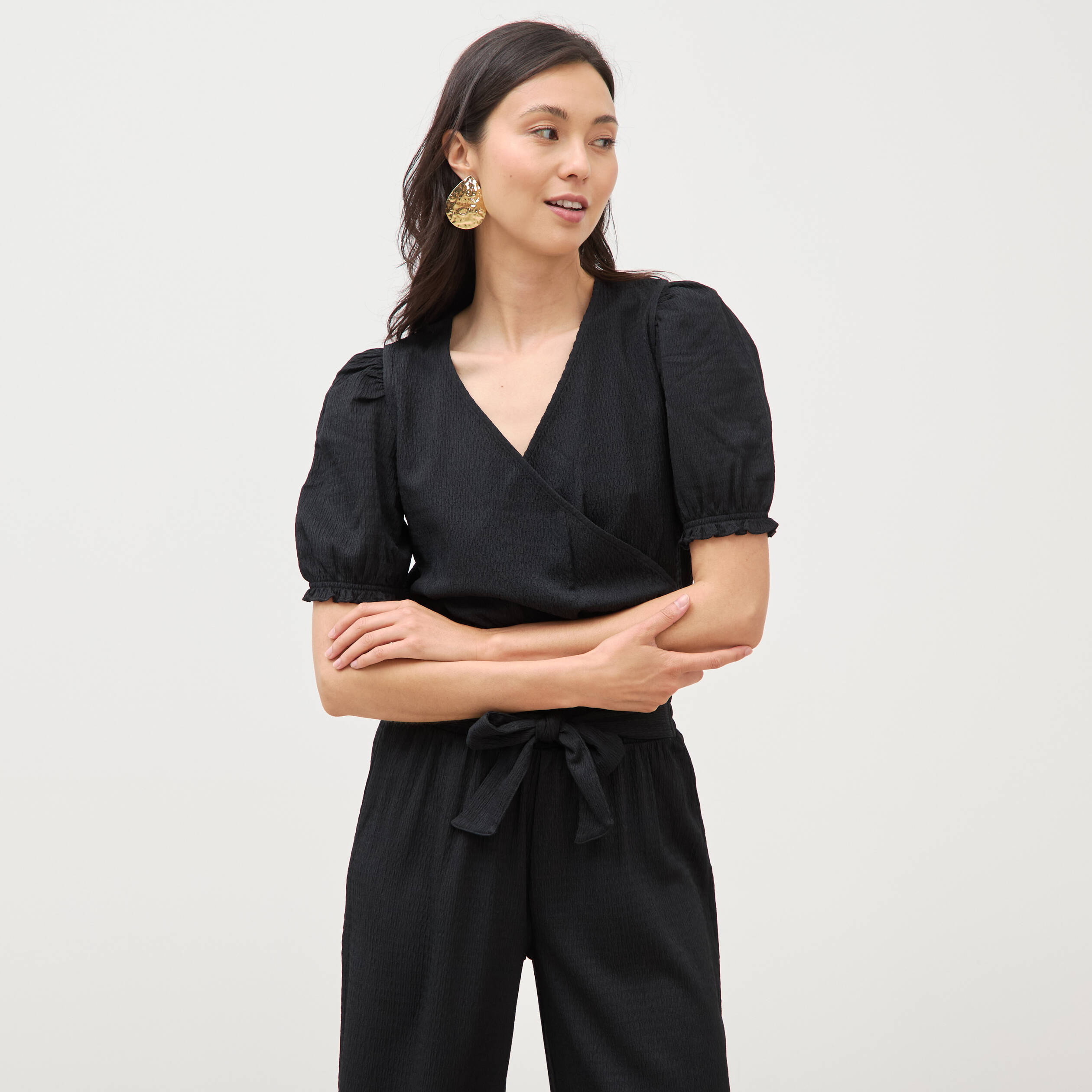 Blouse cropped manches courtes noir femme