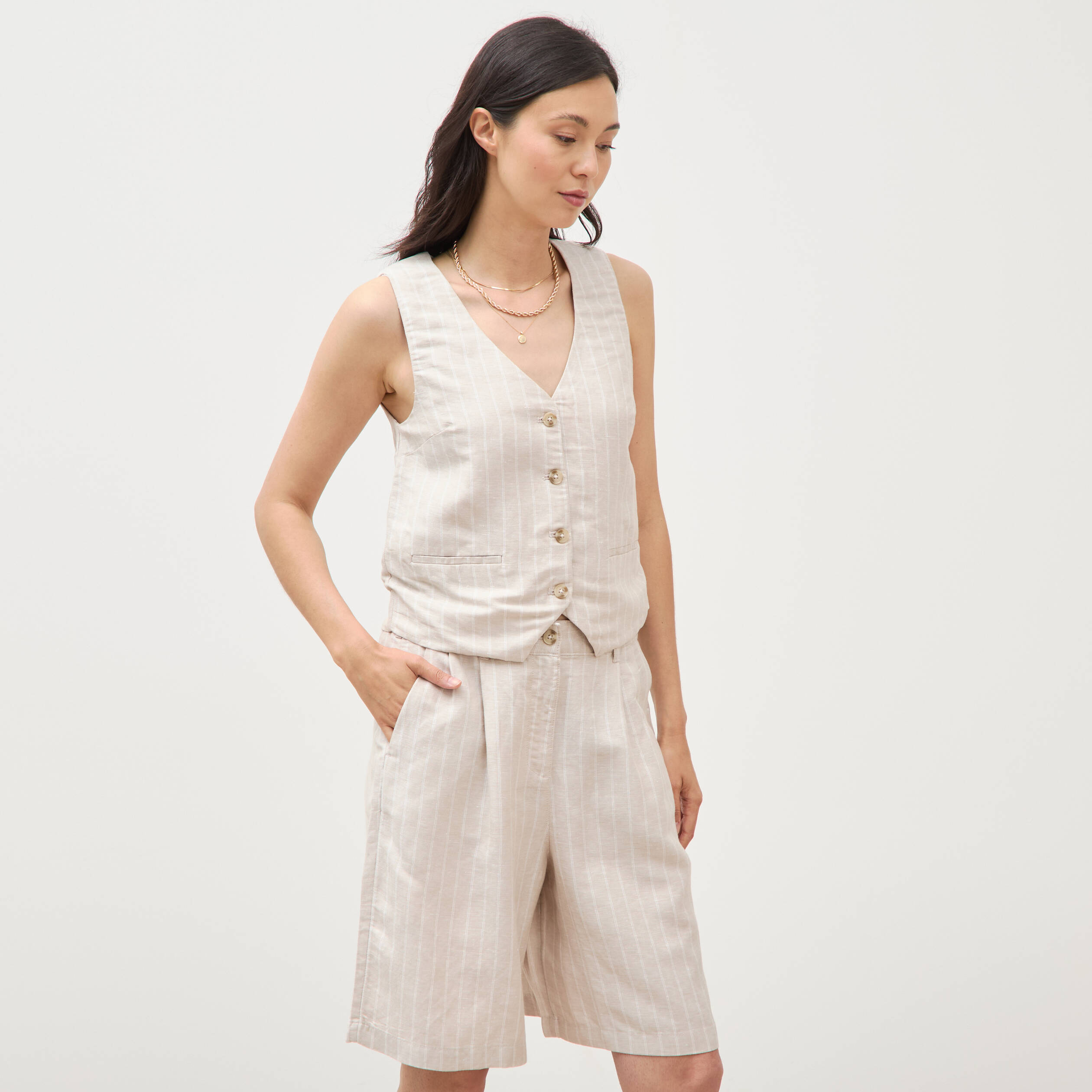 Short taille haute beige femme