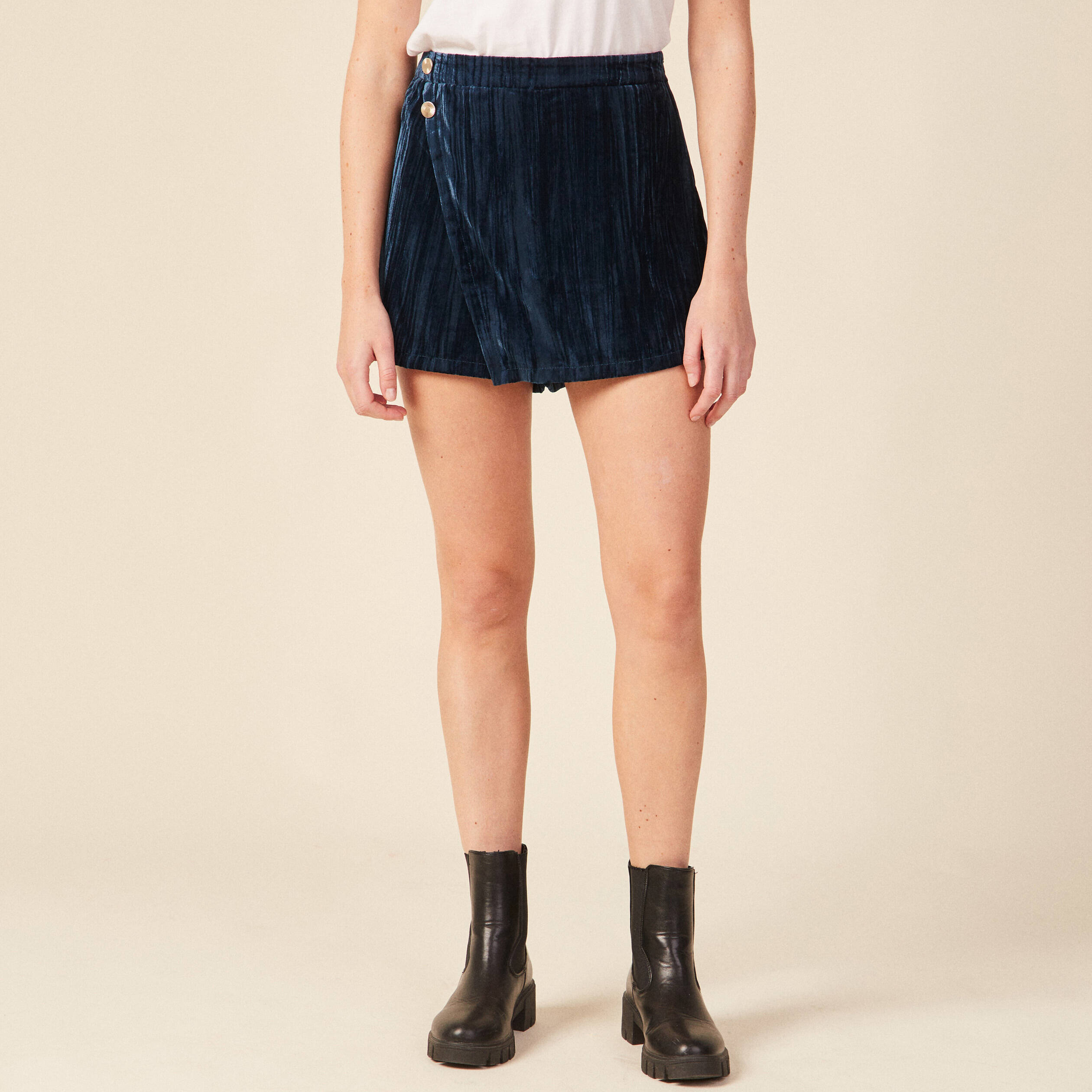 Jupe-short ajustée velours bleu canard femme