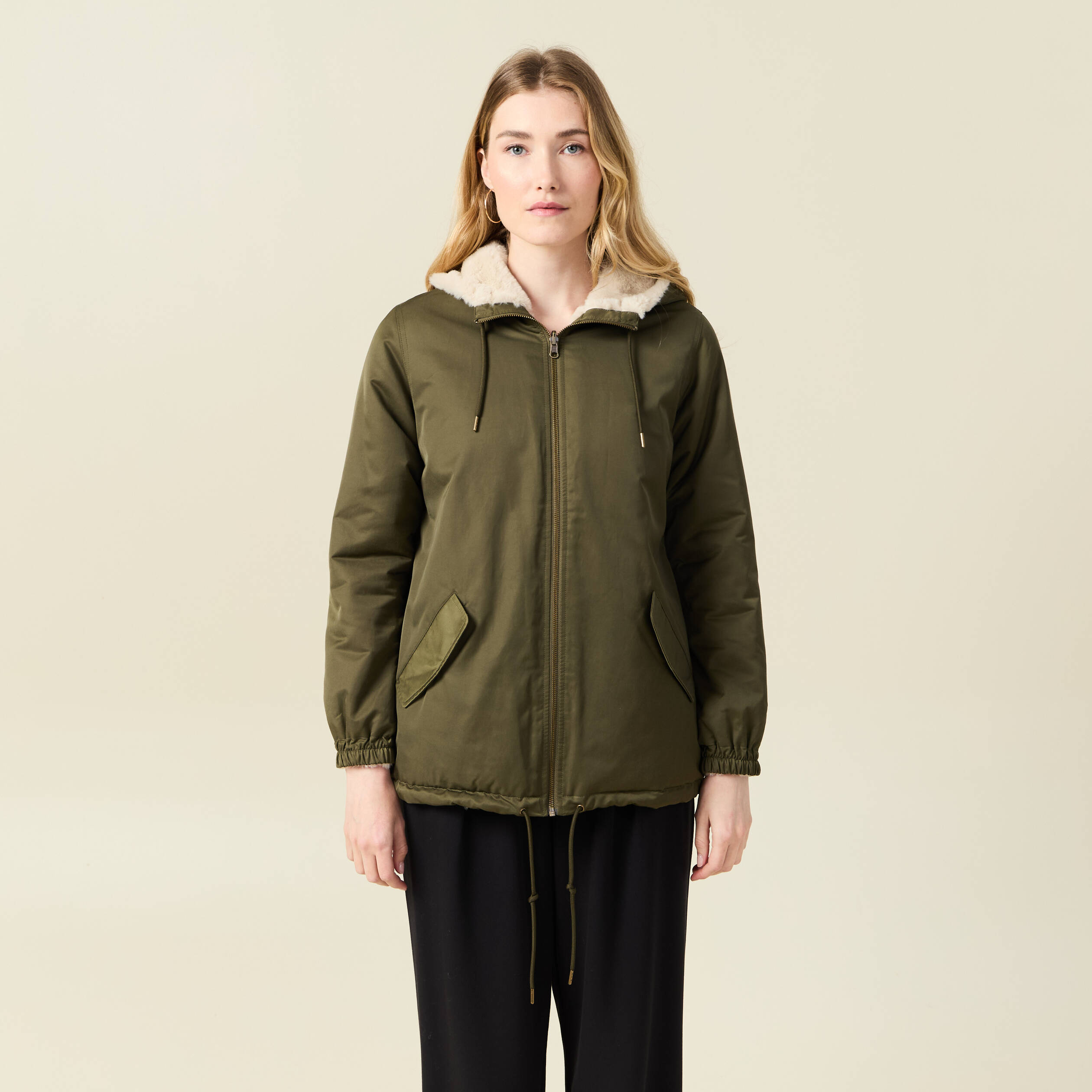 Parka r&eacute;versible vert kaki femme