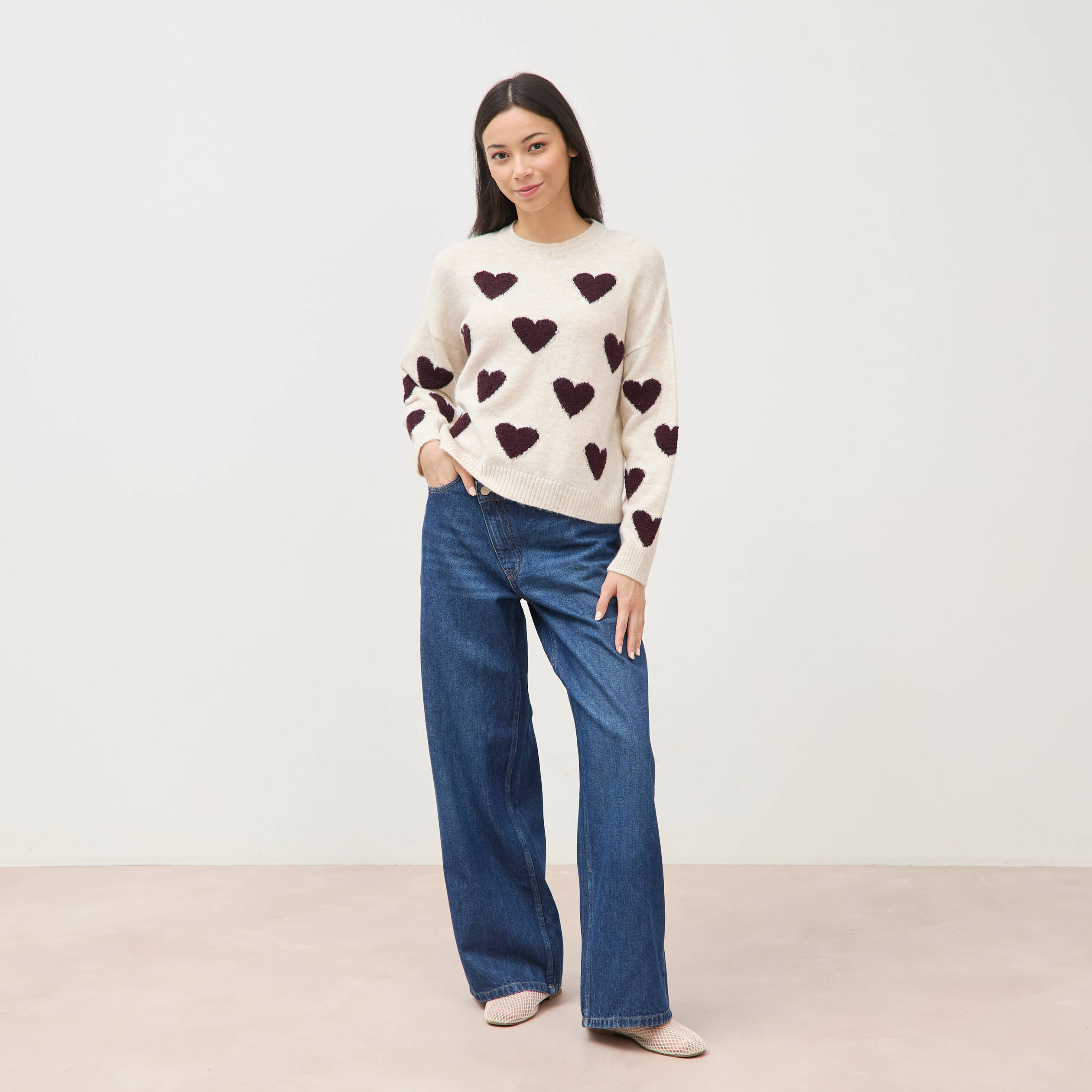 Pull manches longues bouclette col rond prune femme
