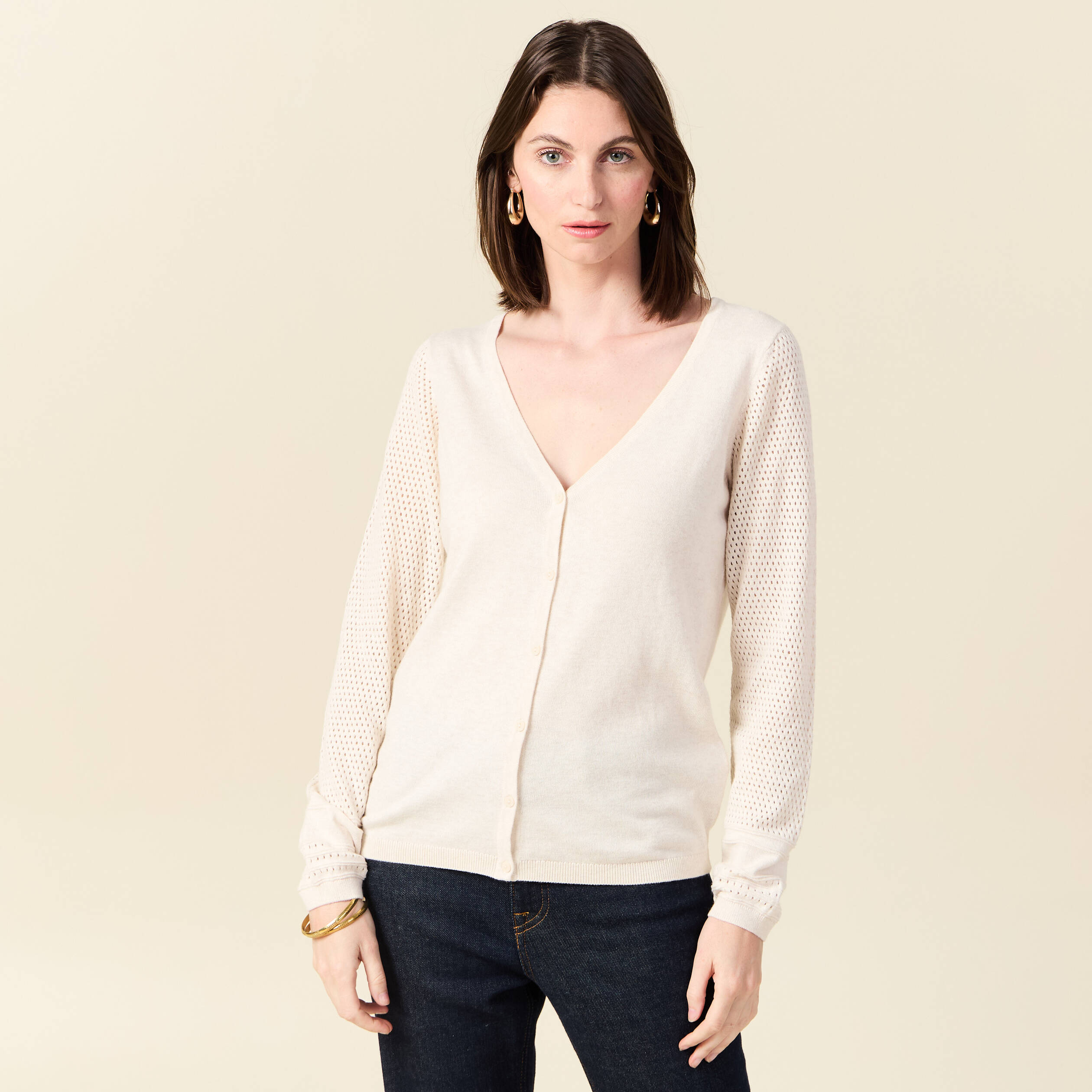 gilet manches longues boutonne creme femme Gilet manches longues boutonné creme femme